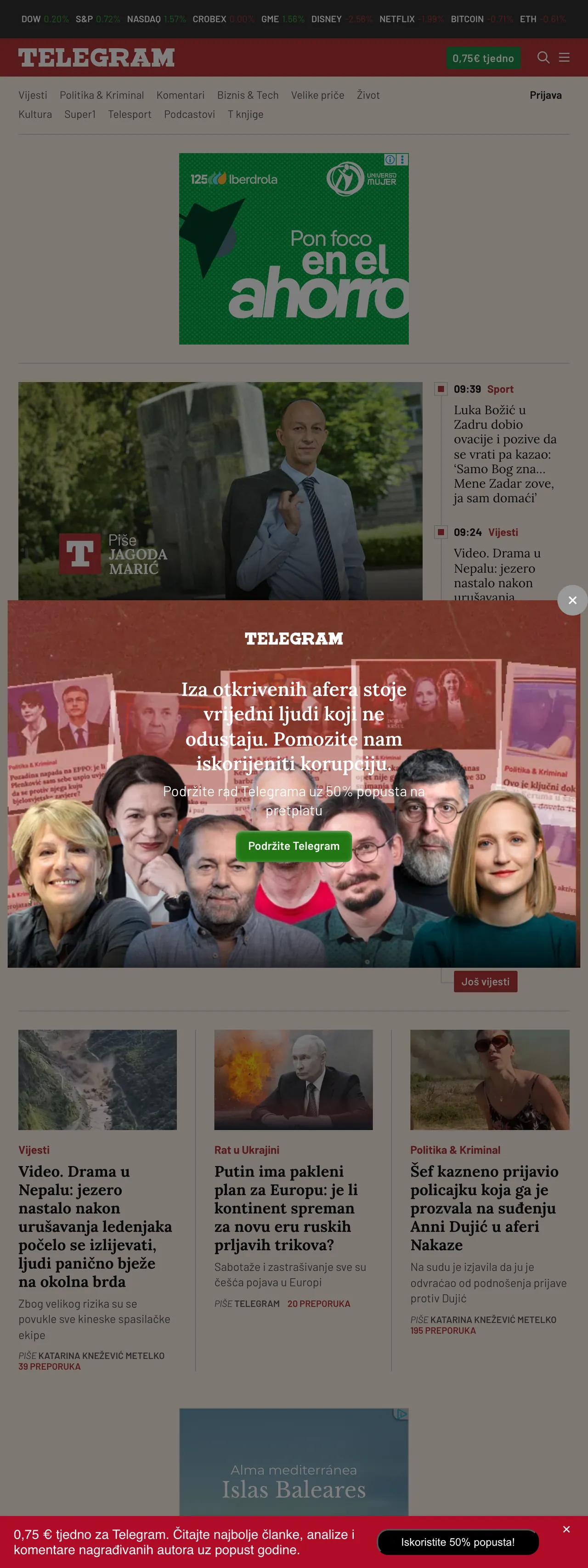 Screenshot of the Telegram.hr front page