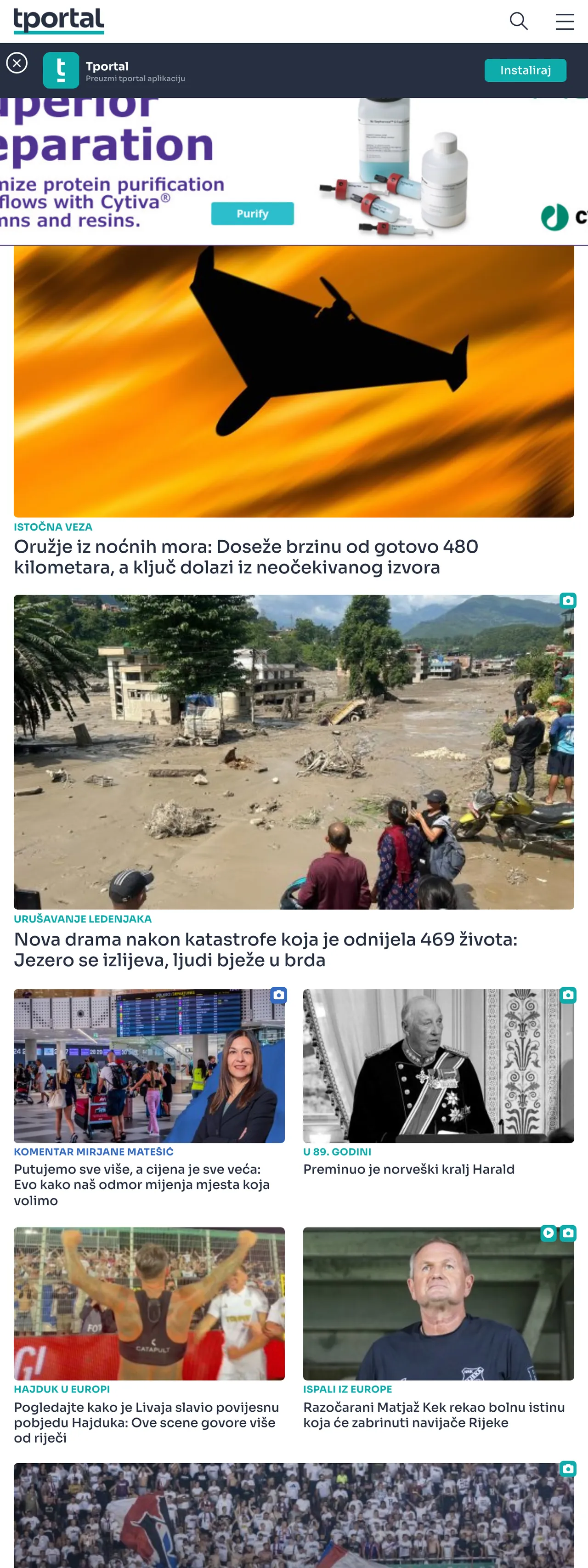 Screenshot of the tportal front page