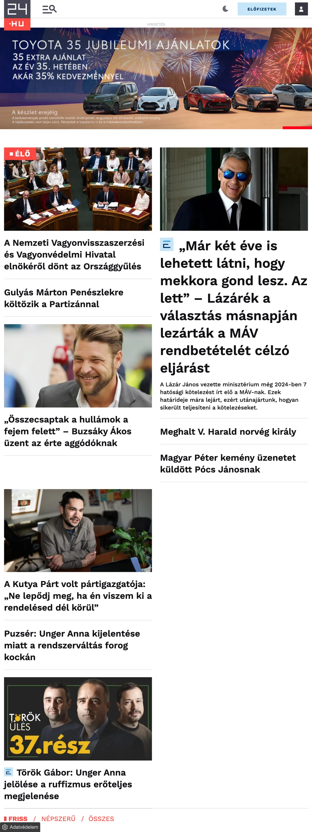 Screenshot of the 24.hu front page