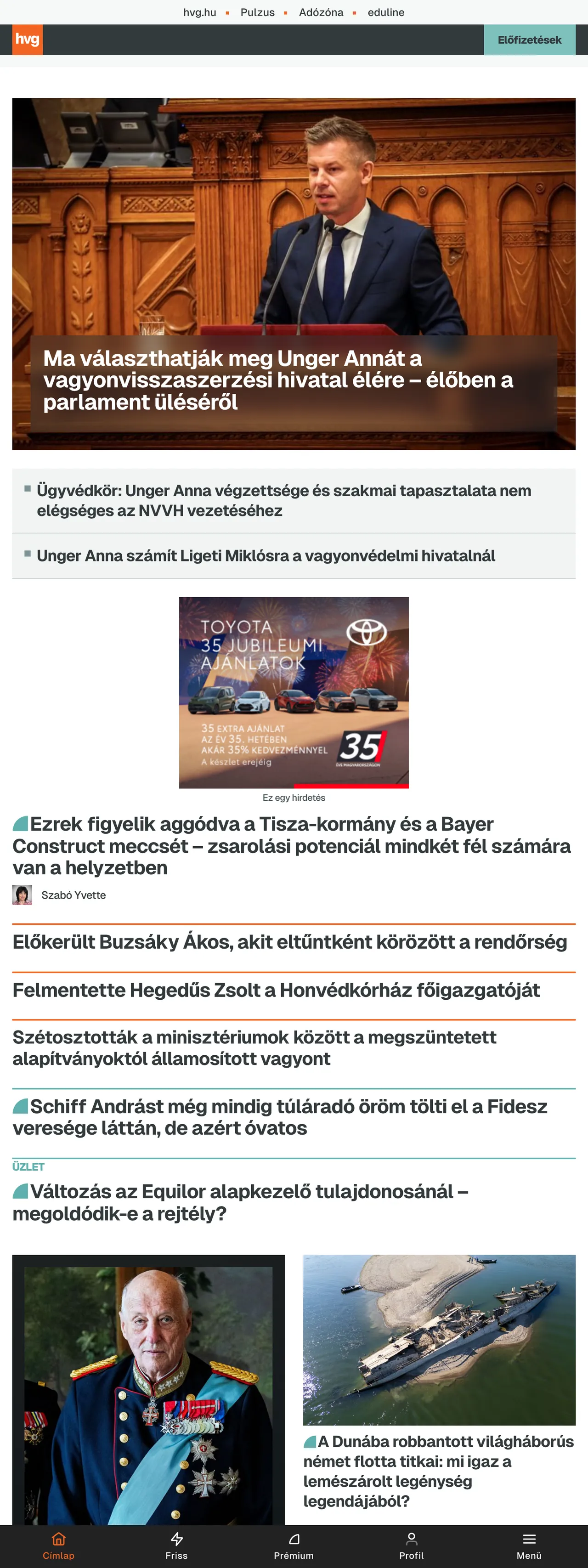 Screenshot of the HVG front page