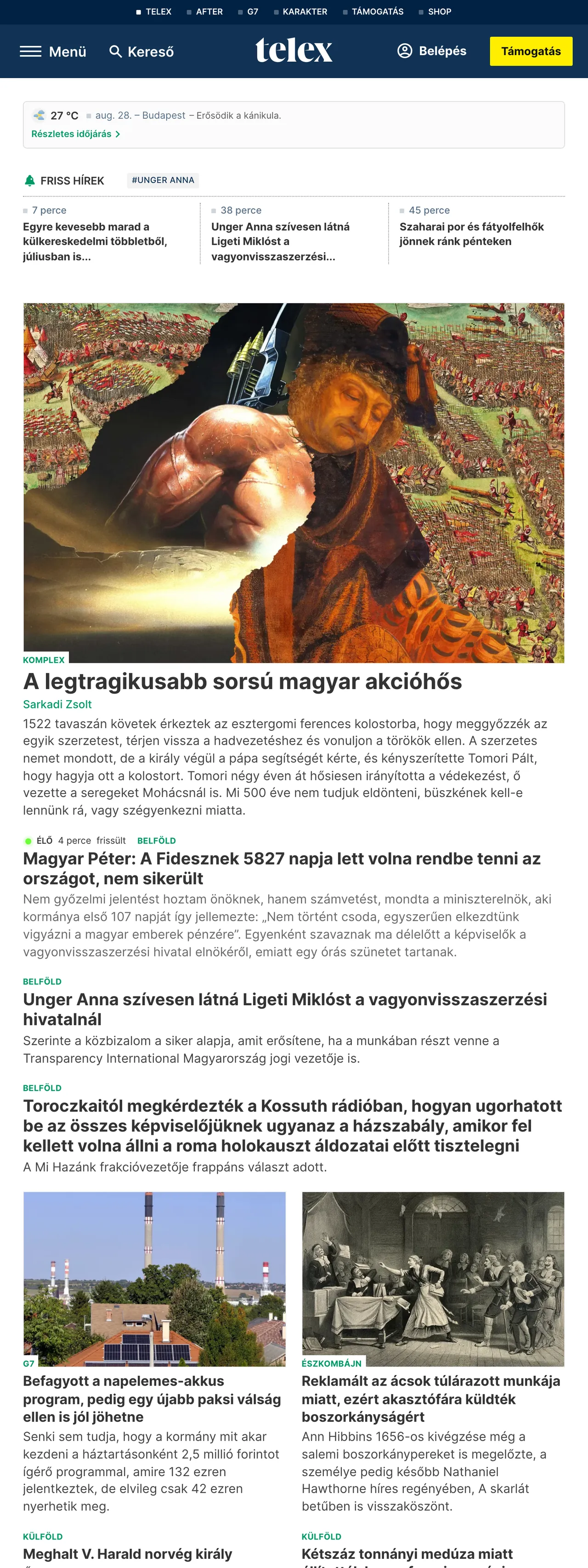Screenshot of the Telex front page
