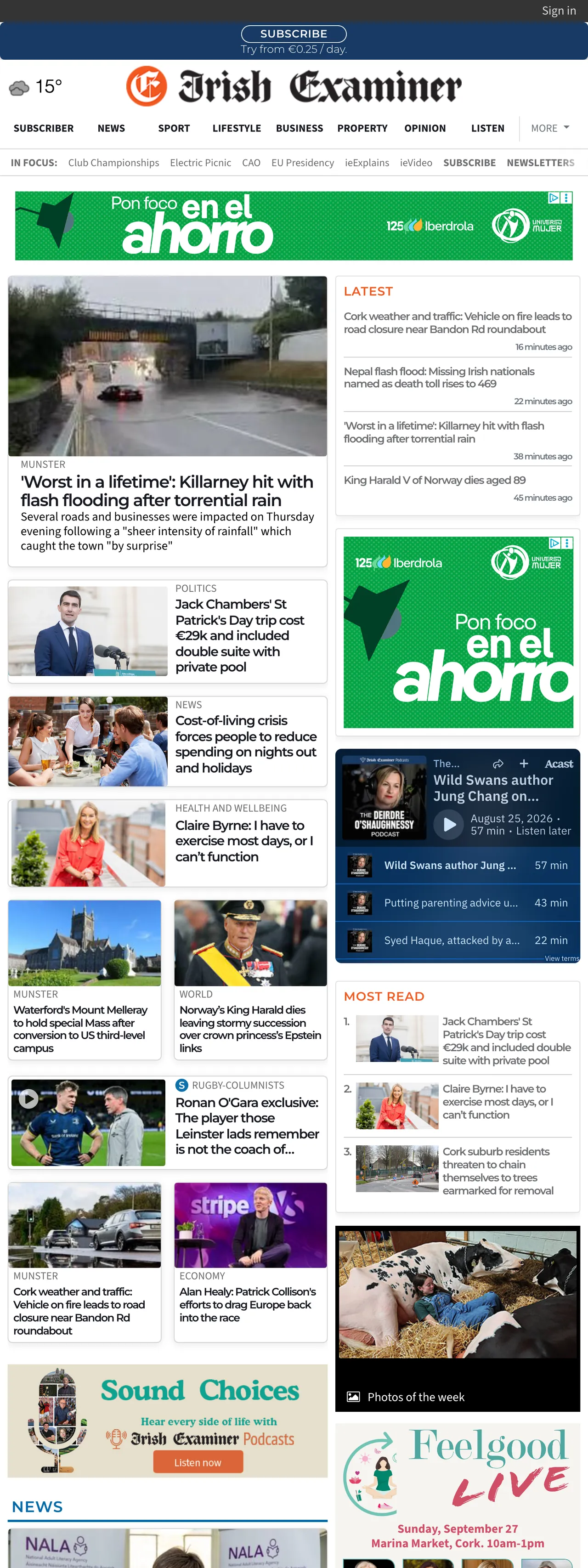 Screenshot of the Irish Examiner front page