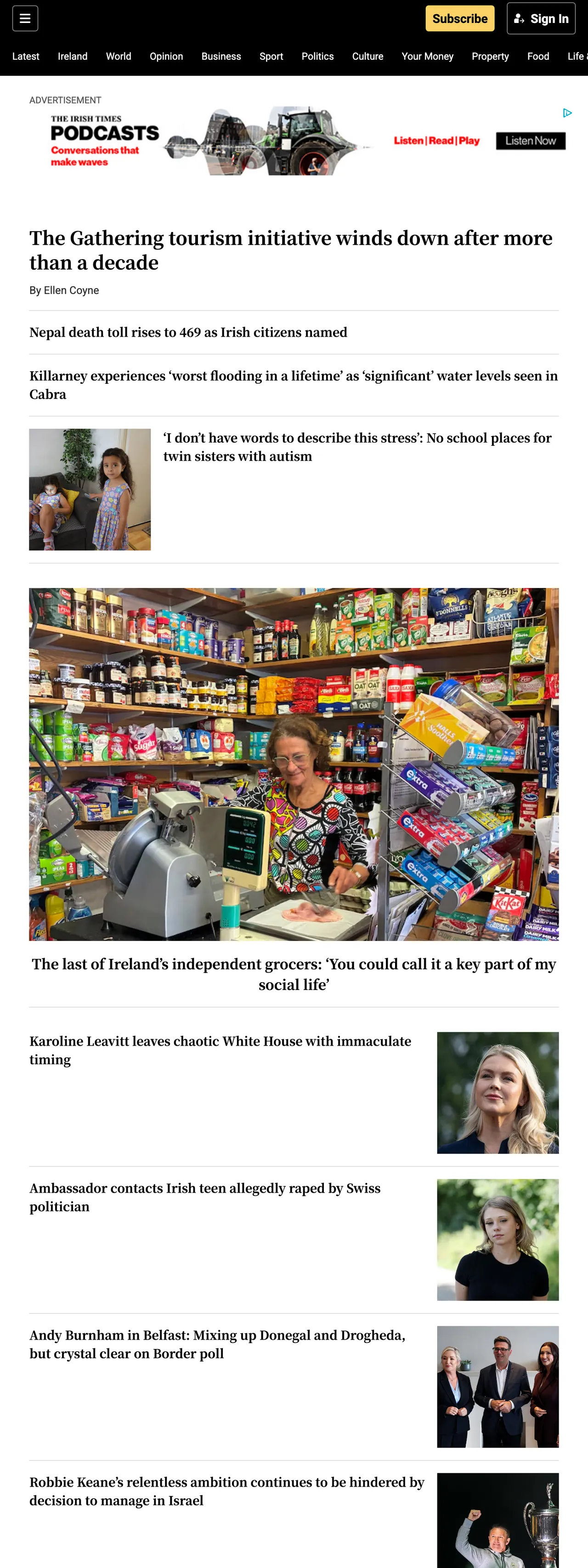 Screenshot of the The Irish Times front page
