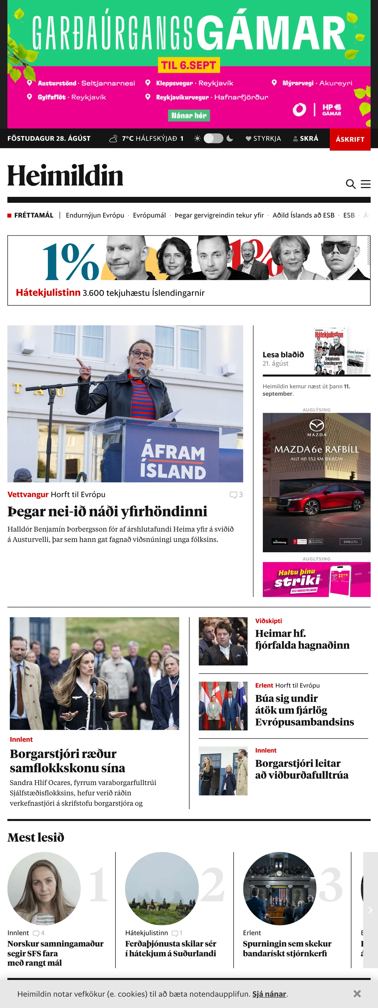 Screenshot of the Heimildin front page