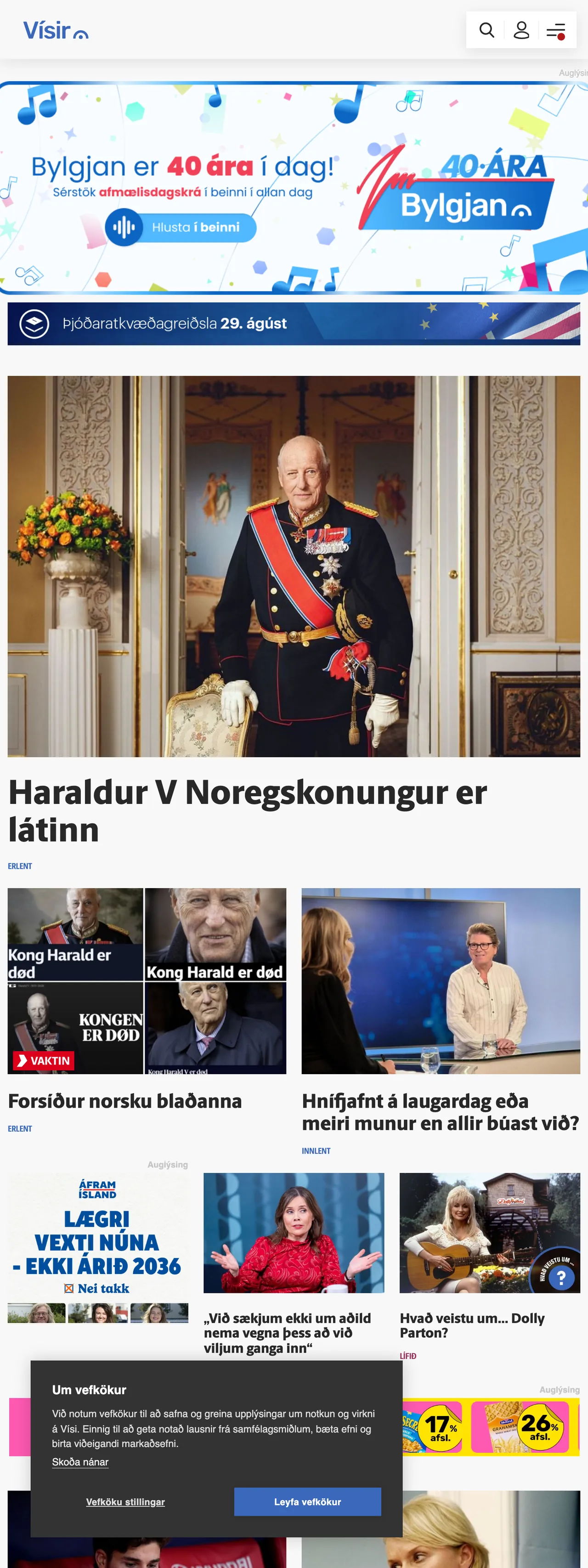 Screenshot of the Vísir front page