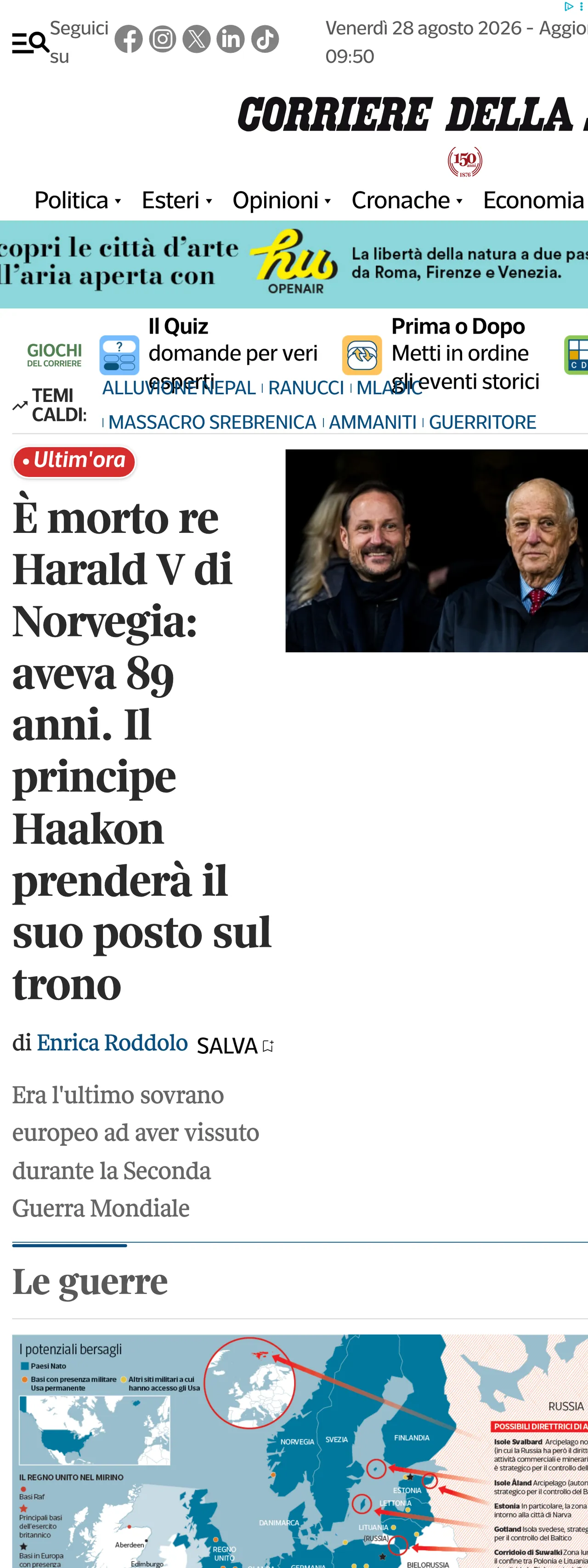 Screenshot of the Corriere della Sera front page