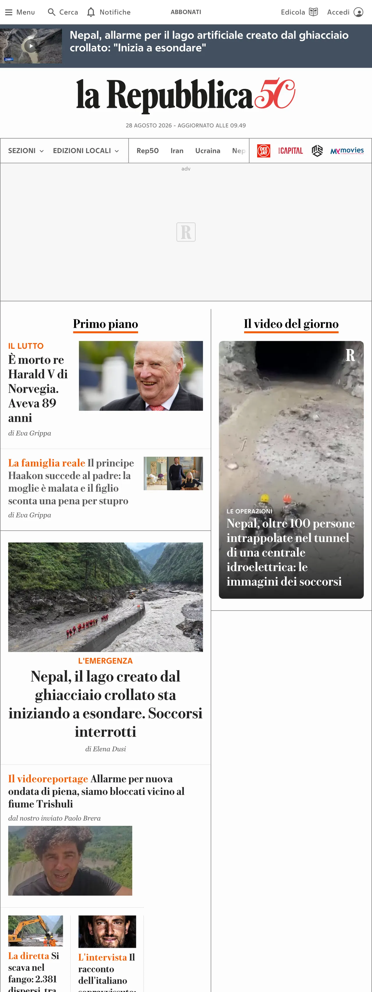 Screenshot of the la Repubblica front page