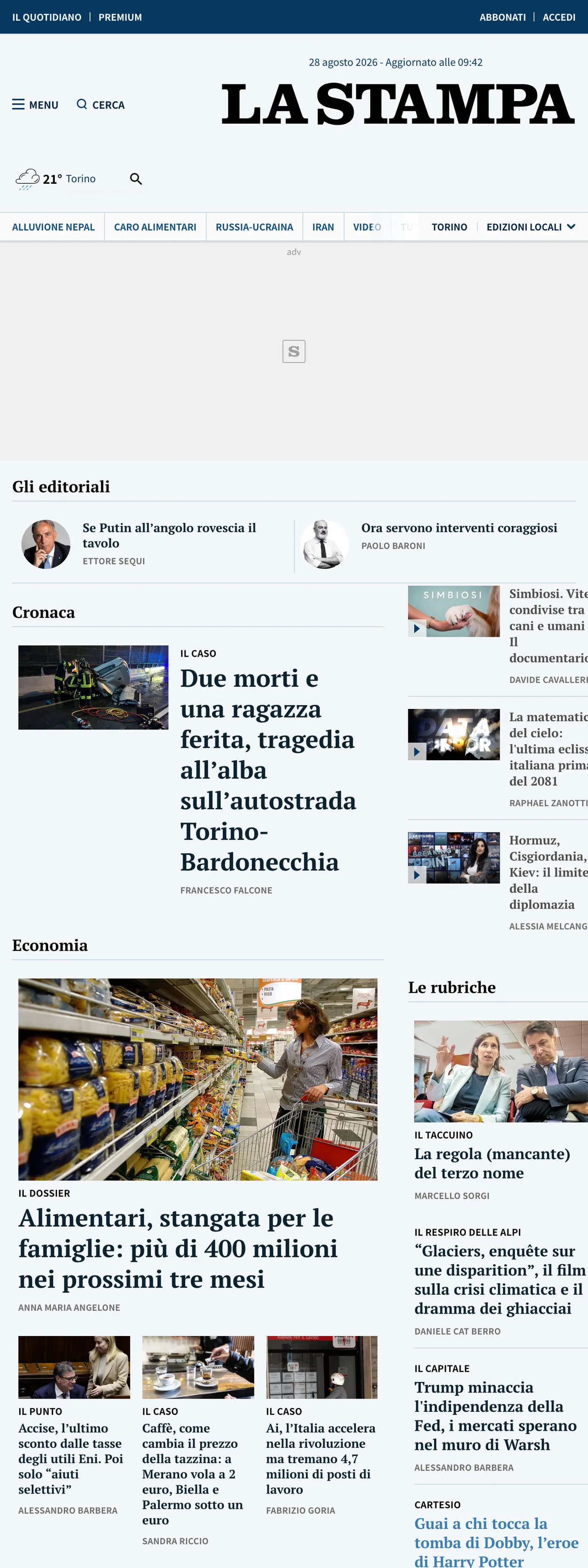Screenshot of the La Stampa front page