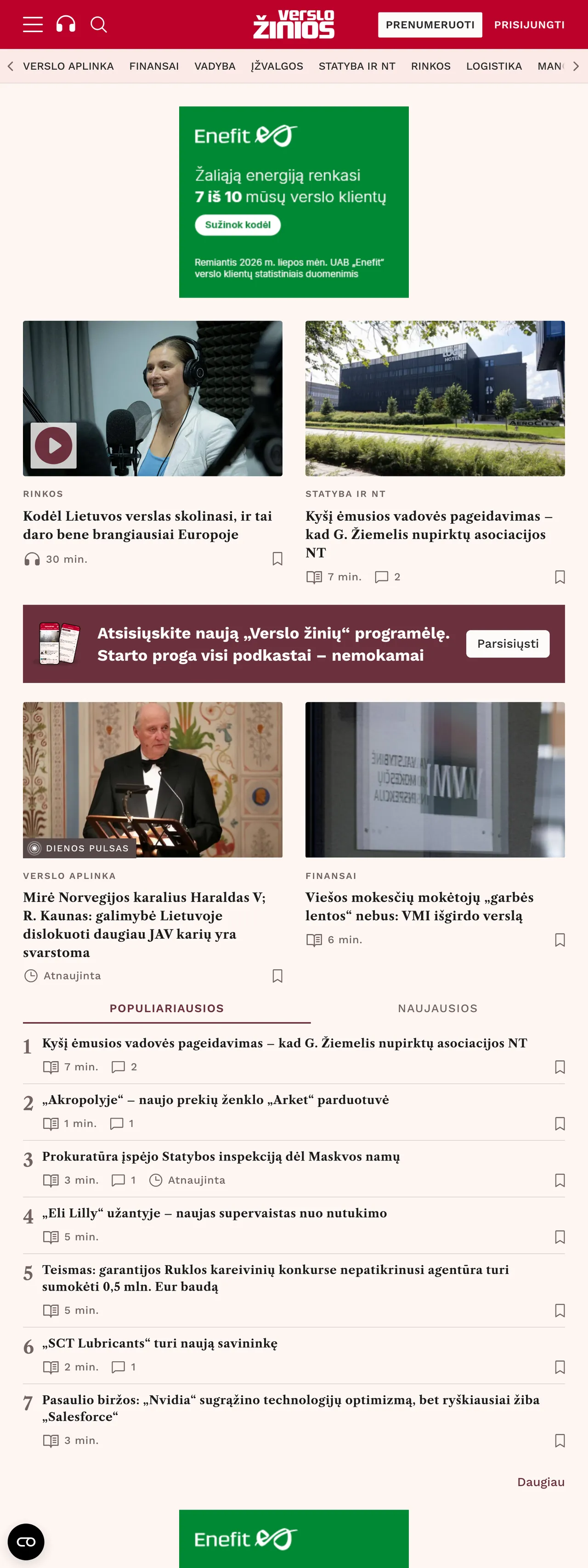 Screenshot of the Verslo žinios front page