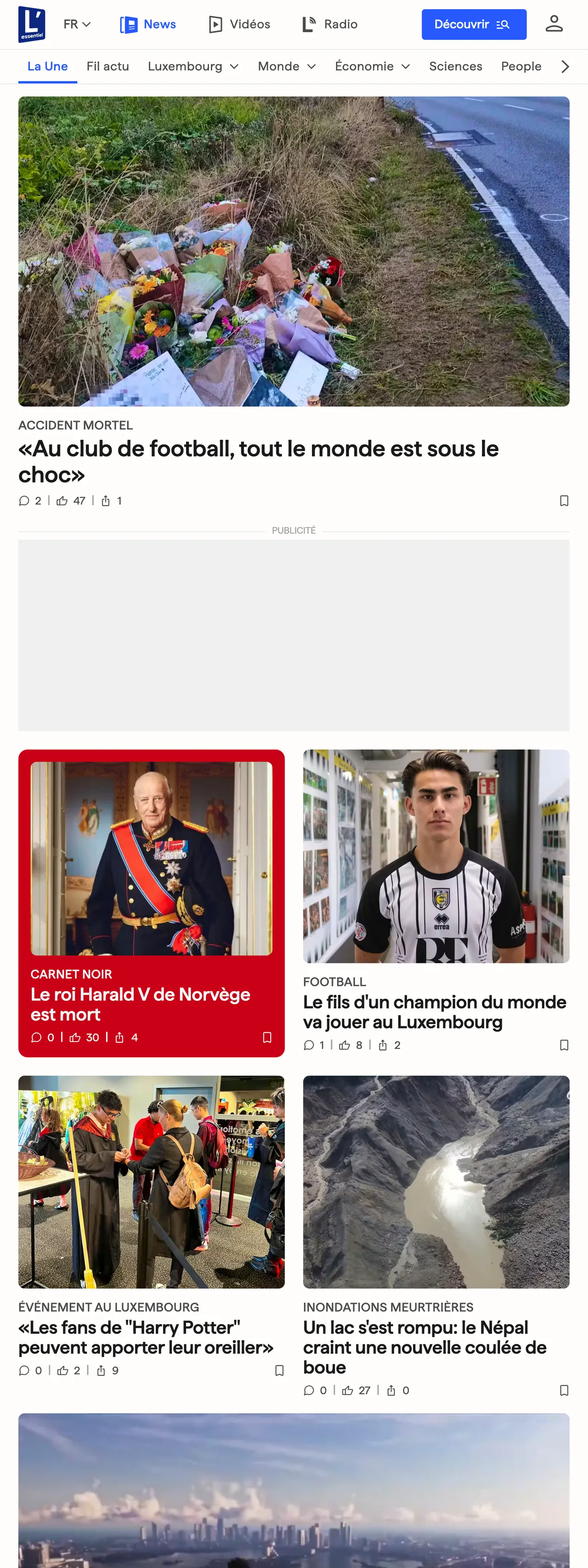 Screenshot of the L'essentiel front page