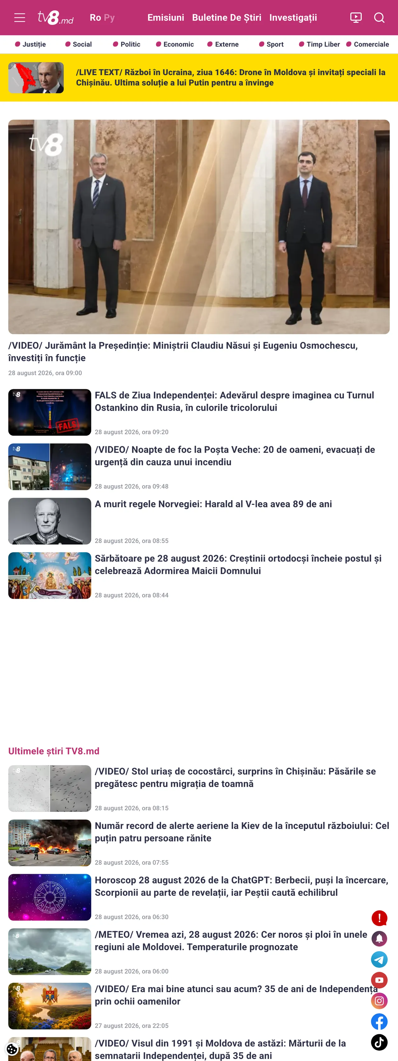 Screenshot of the TV8 front page