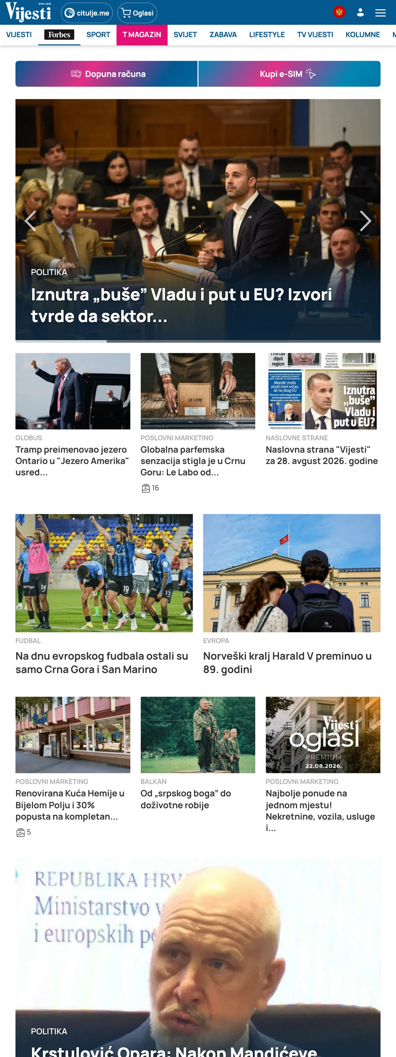 Screenshot of the Vijesti front page