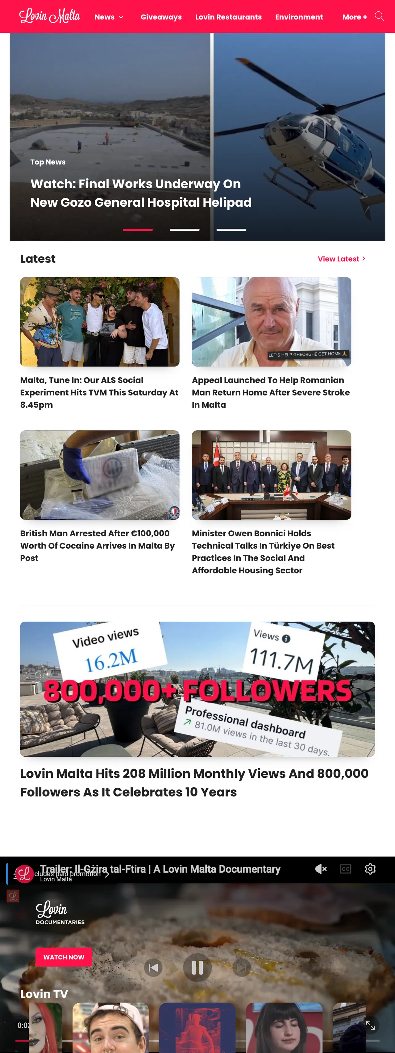 Screenshot of the Lovin Malta front page