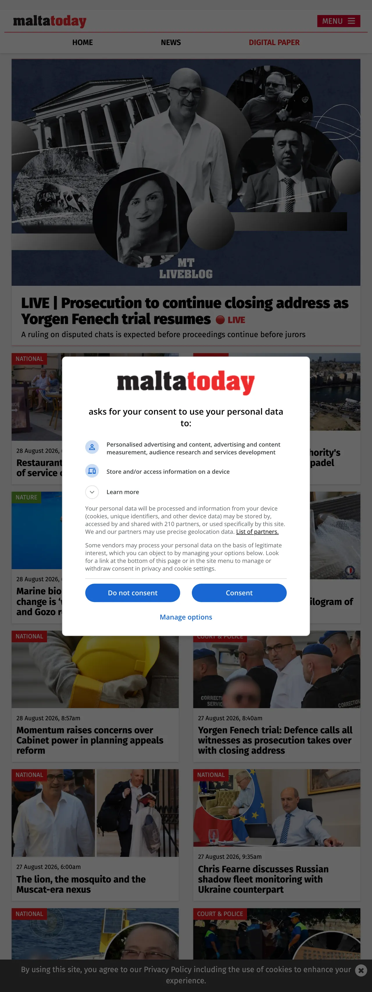 Screenshot of the Malta Today front page