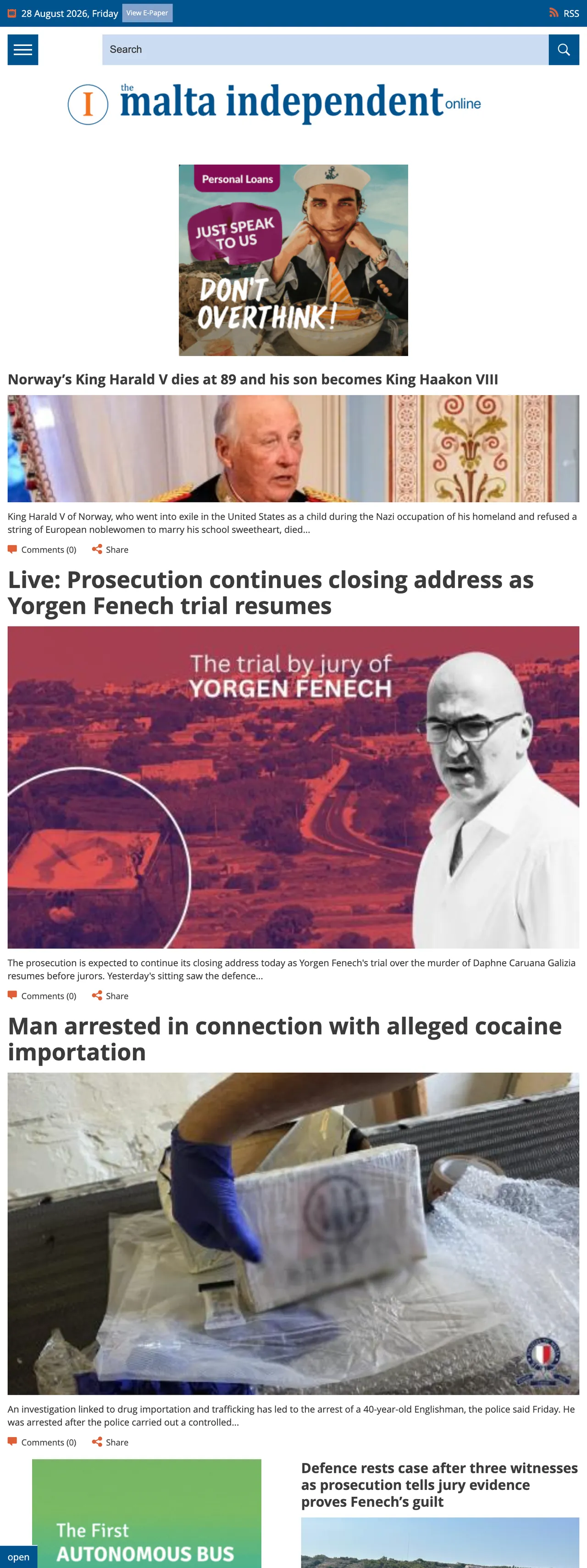 Screenshot of the The Malta Independent front page