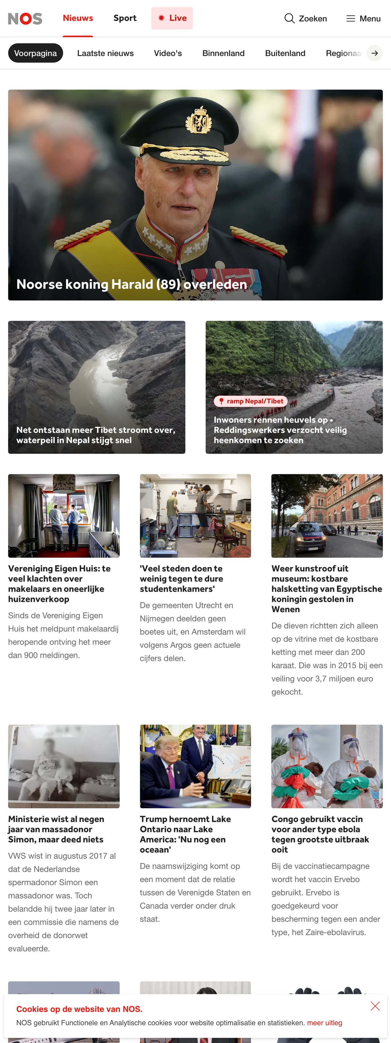 Screenshot of the NOS front page