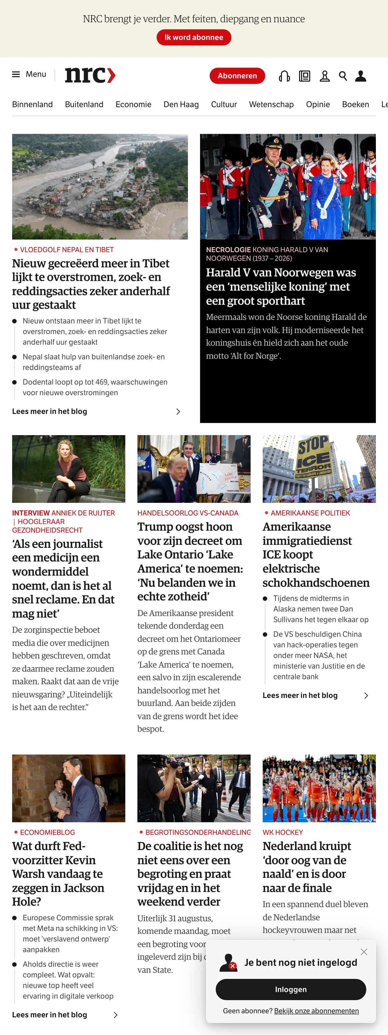 Screenshot of the NRC front page