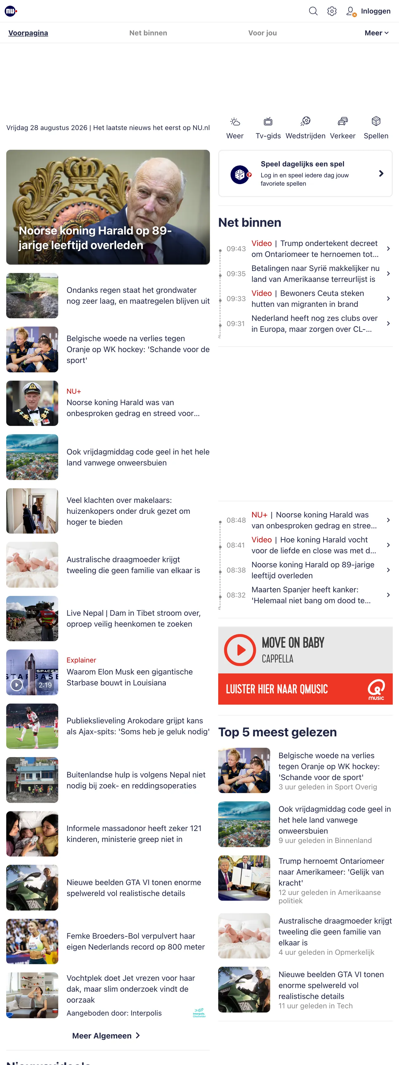 Screenshot of the NU.nl front page