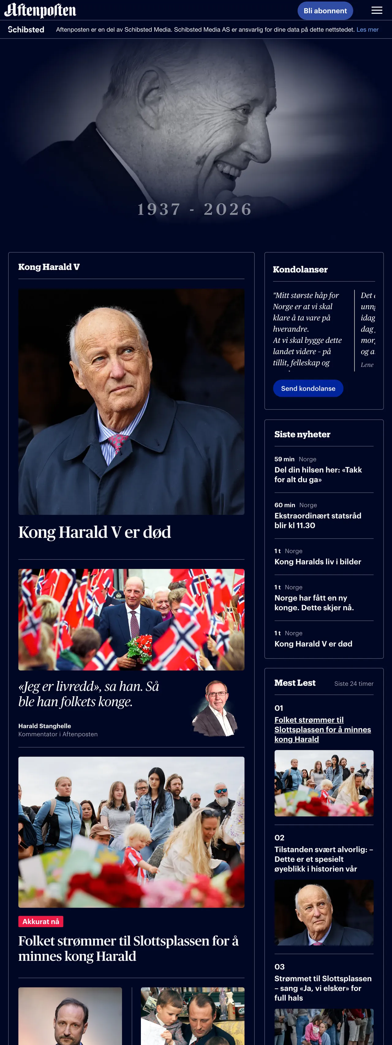 Screenshot of the Aftenposten front page