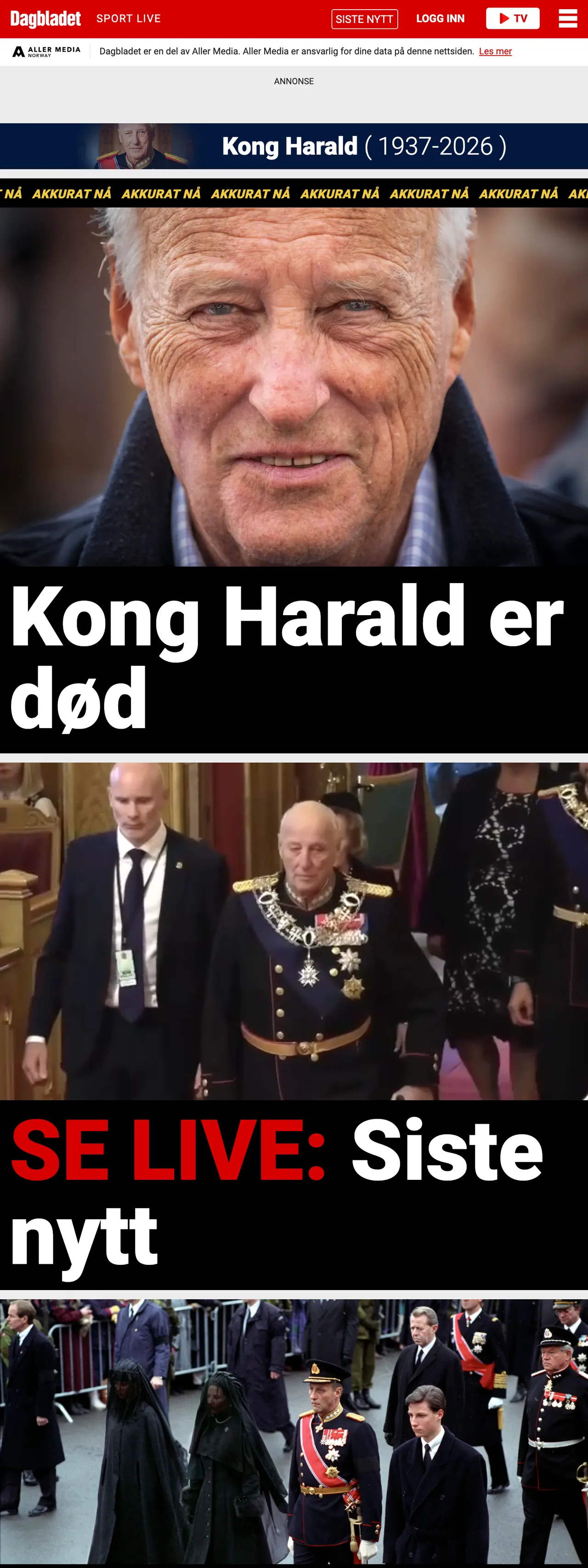 Screenshot of the Dagbladet front page