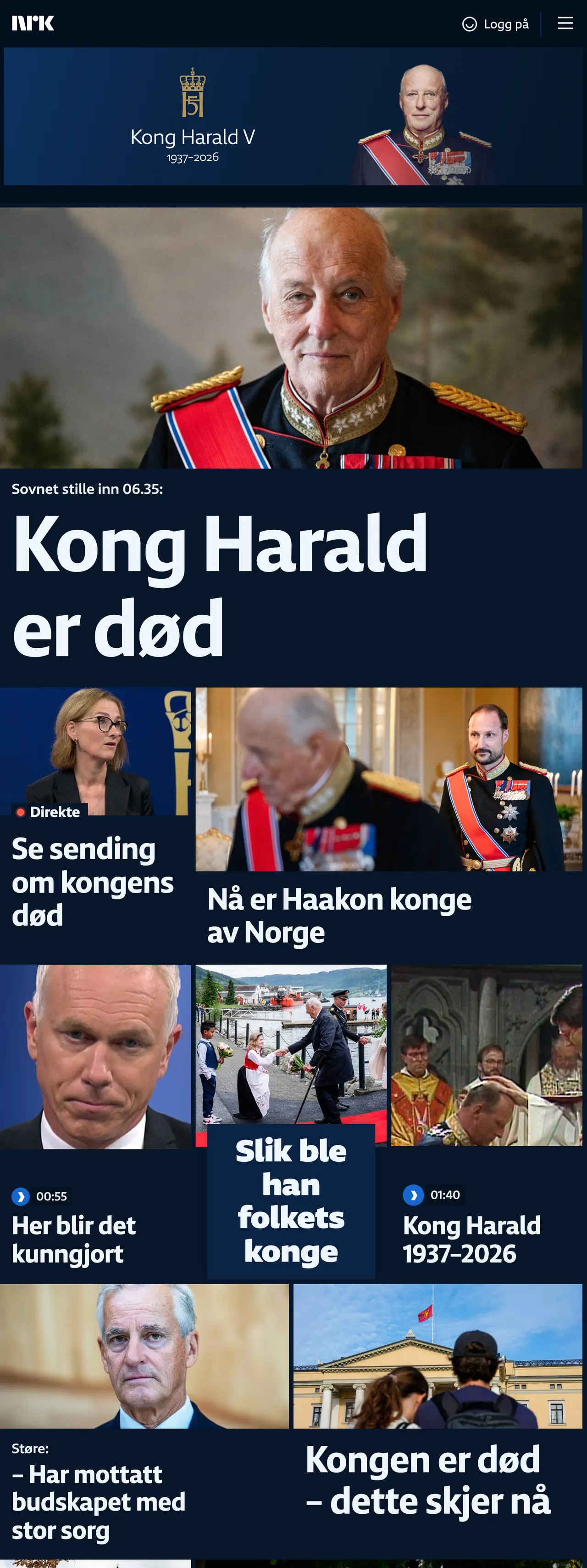 Screenshot of the NRK front page