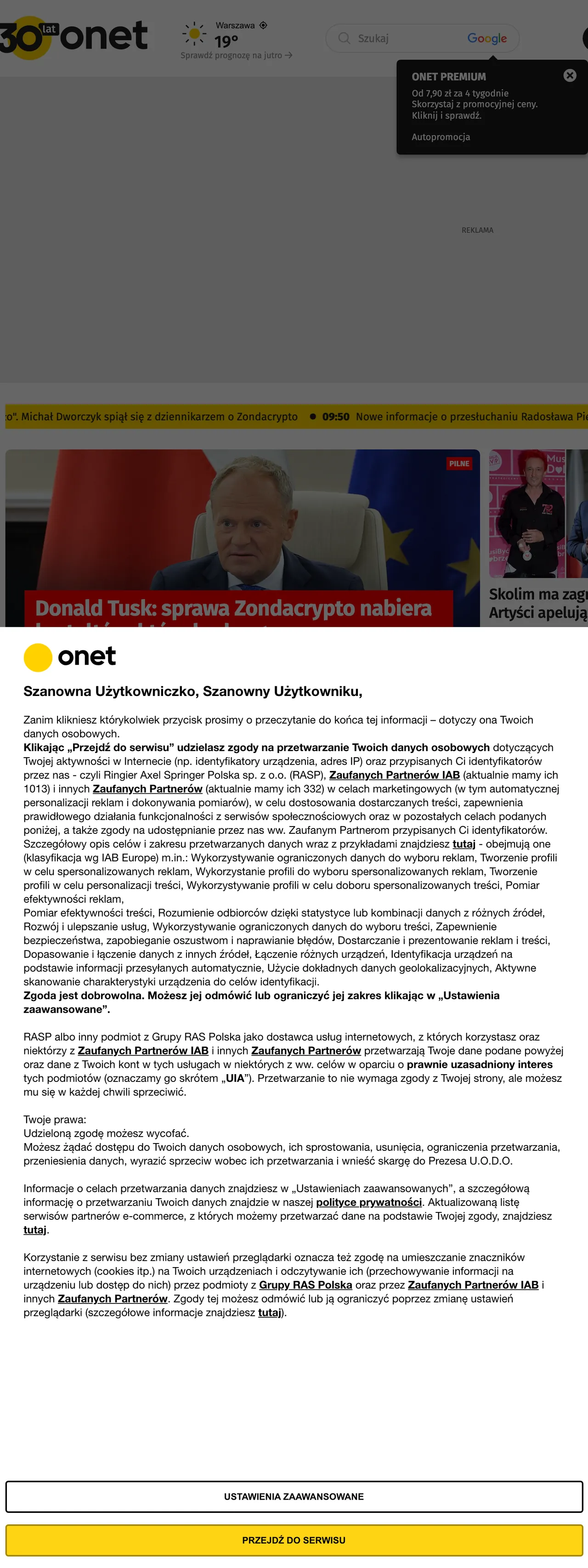Screenshot of the Onet front page