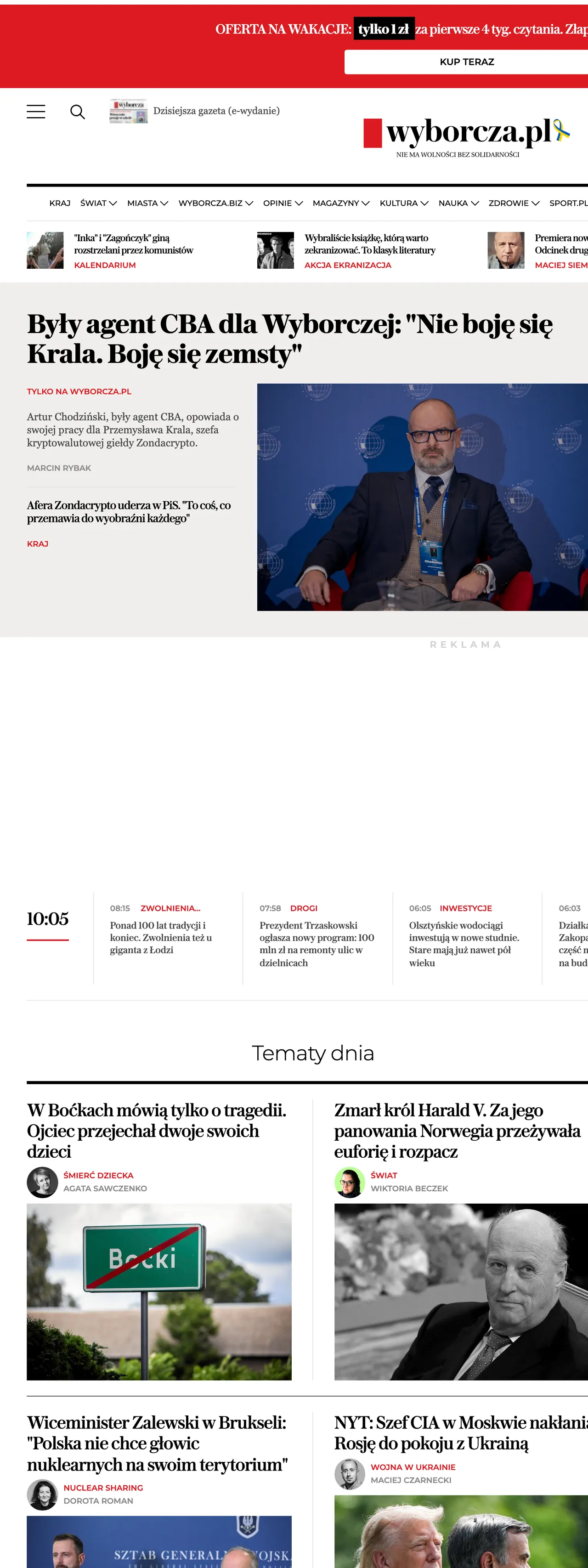 Screenshot of the Wyborcza front page