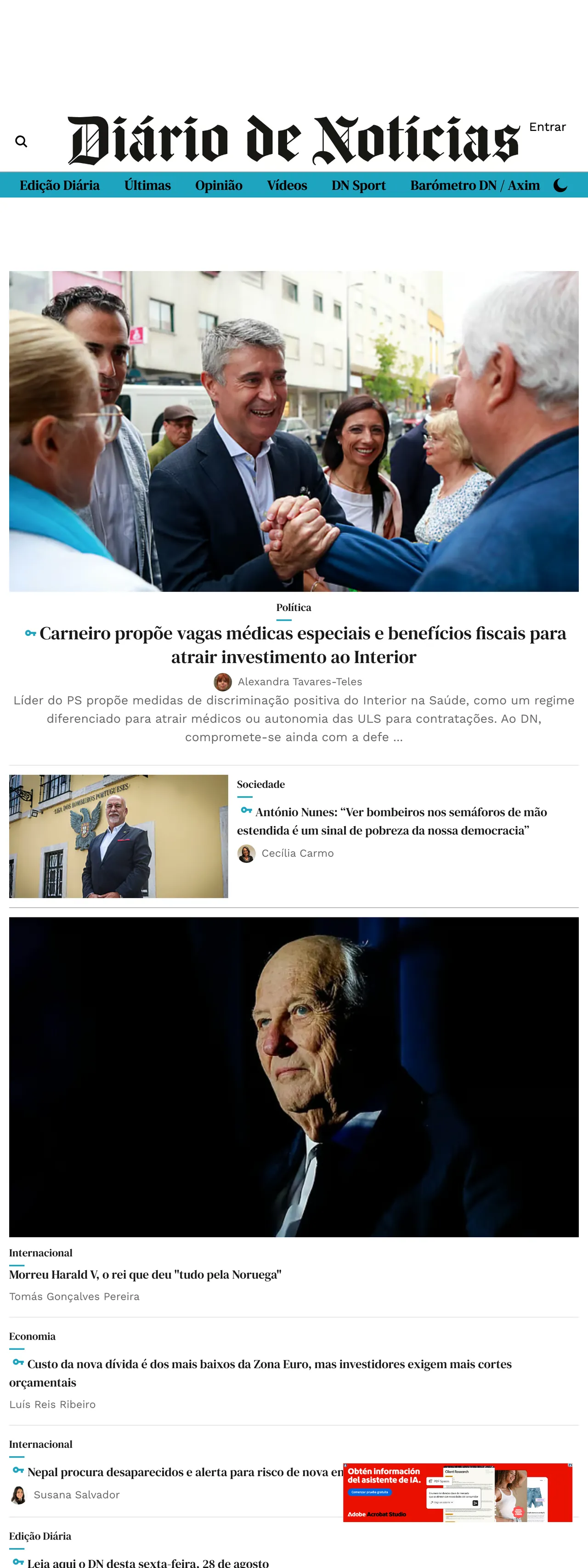 Screenshot of the Diário de Notícias front page
