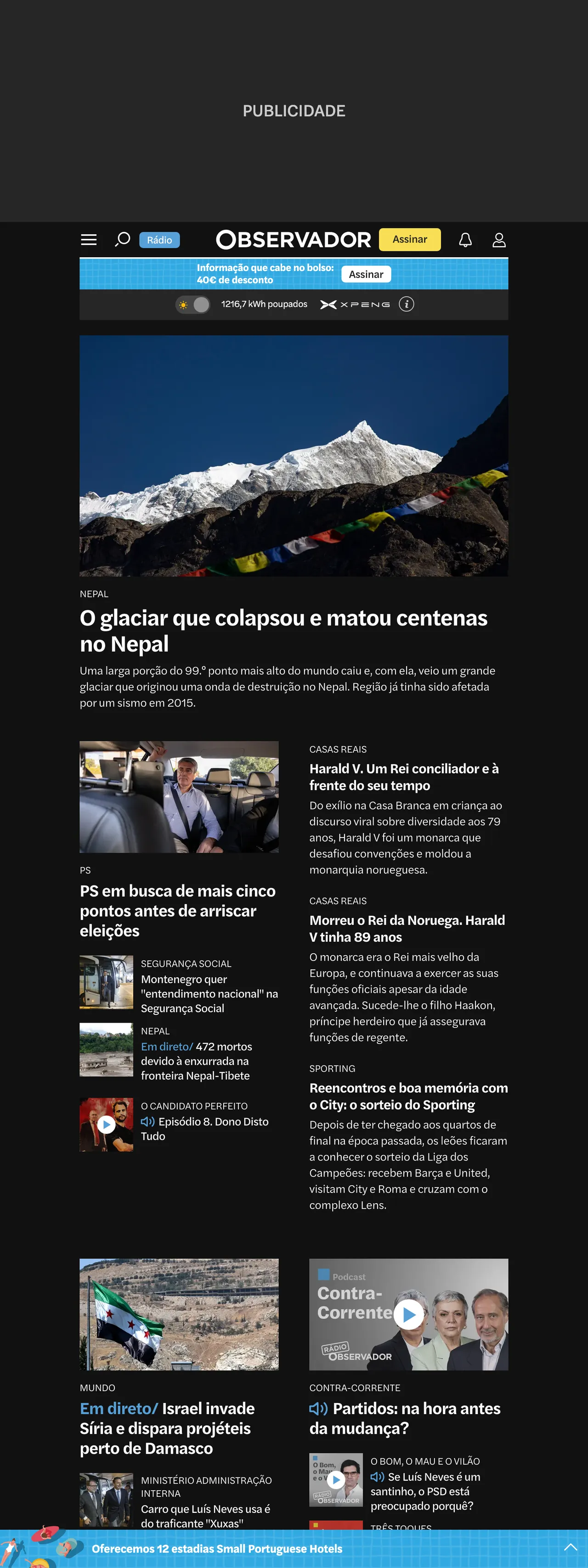 Screenshot of the Observador front page
