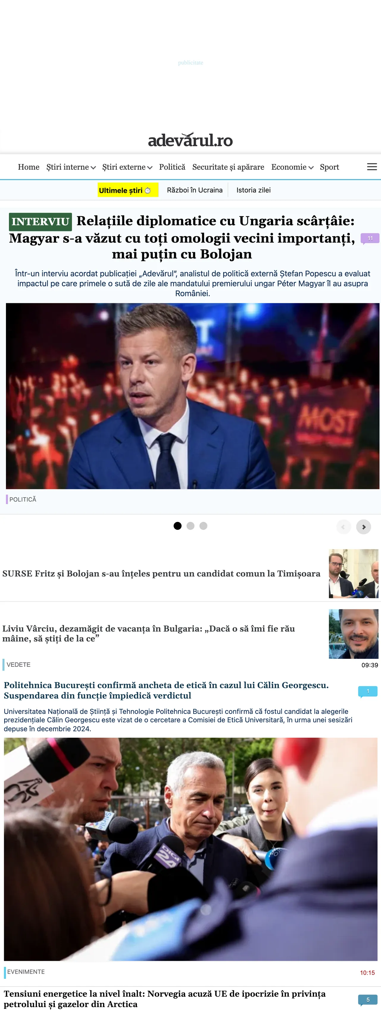 Screenshot of the Adevărul front page