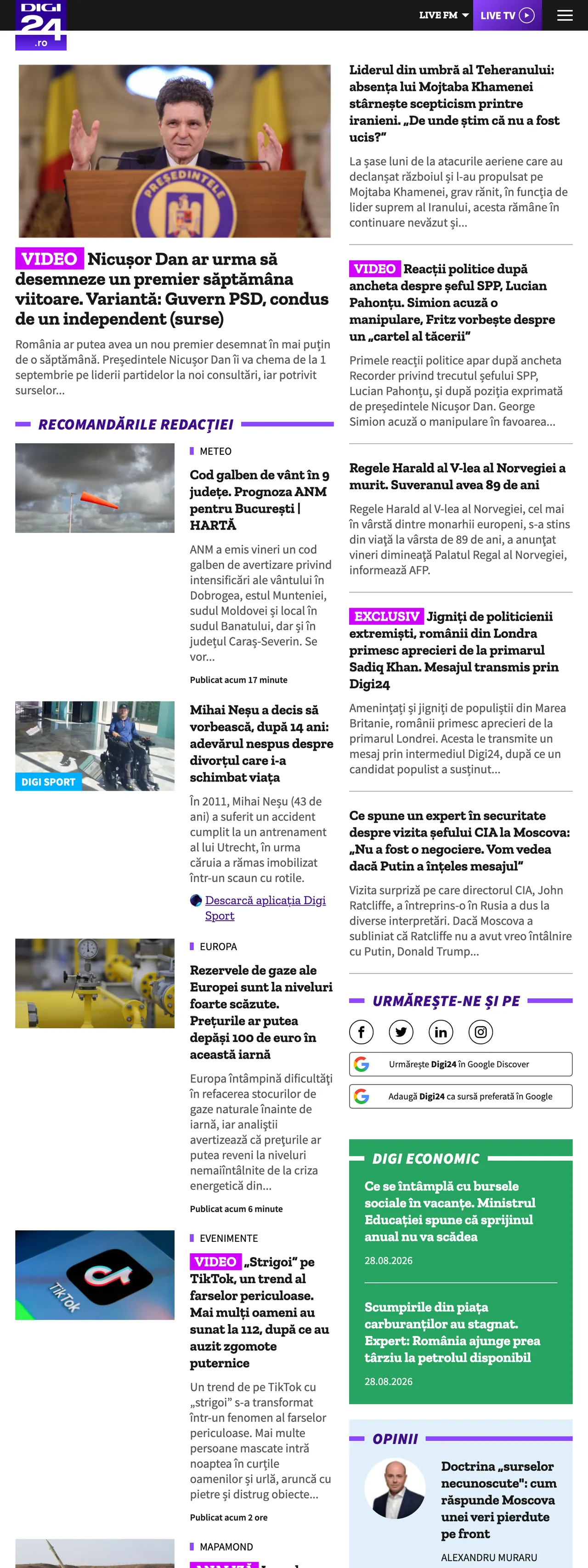 Screenshot of the Digi24 front page