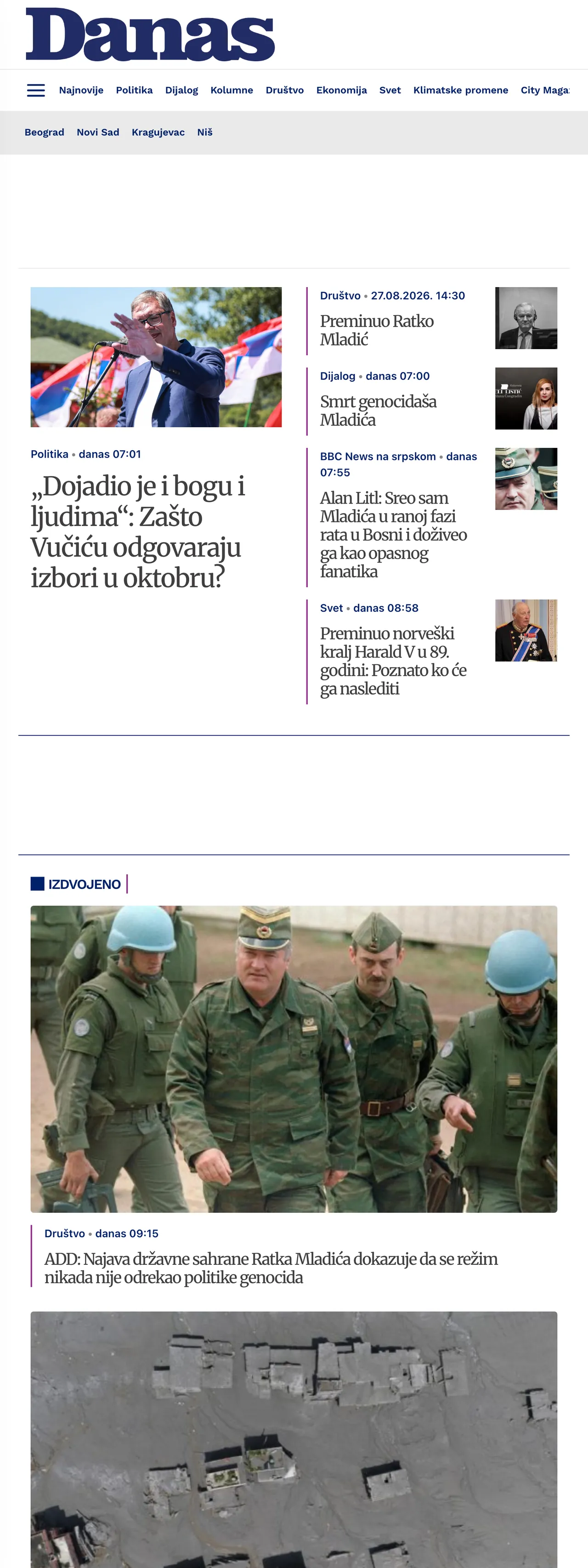Screenshot of the Danas front page