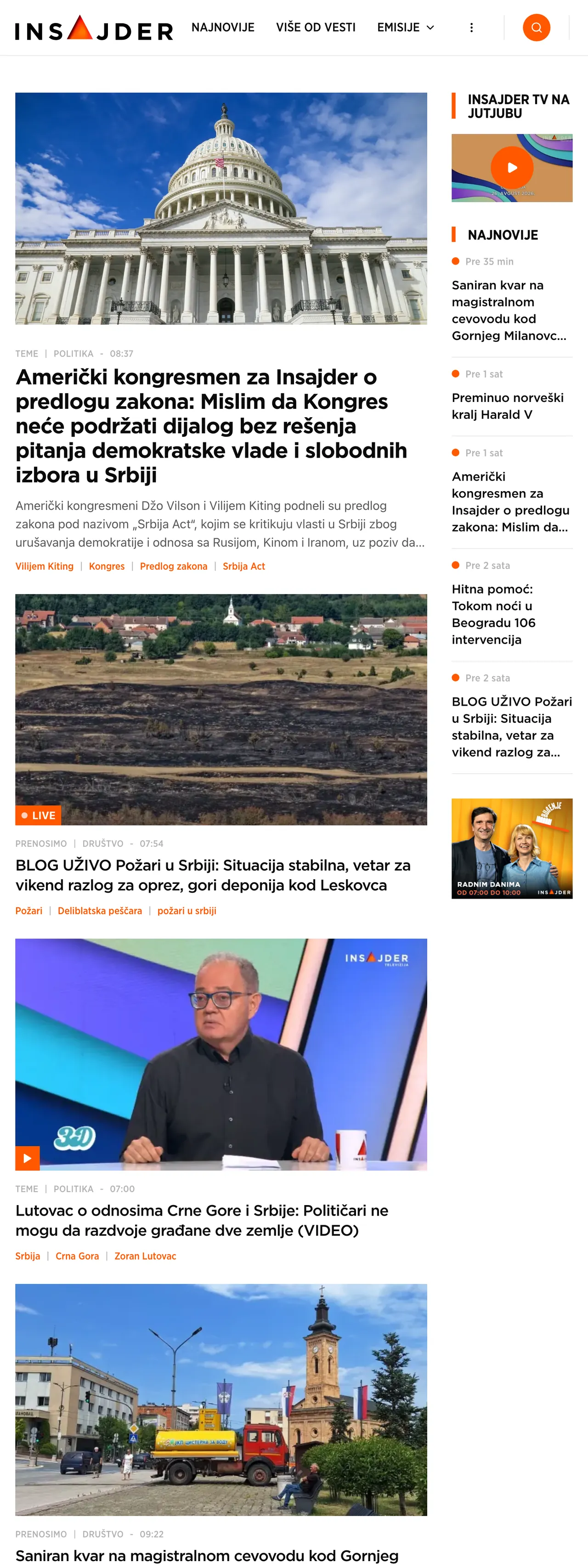 Screenshot of the Insajder front page