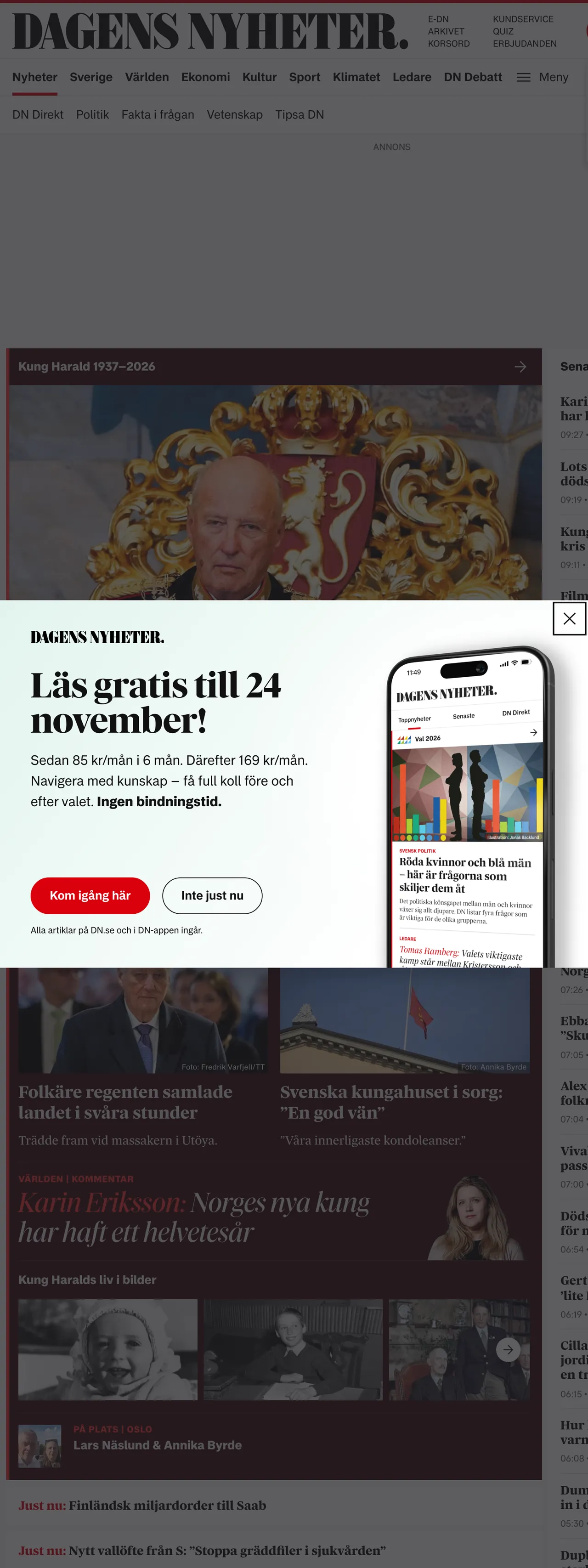 Screenshot of the Dagens Nyheter front page
