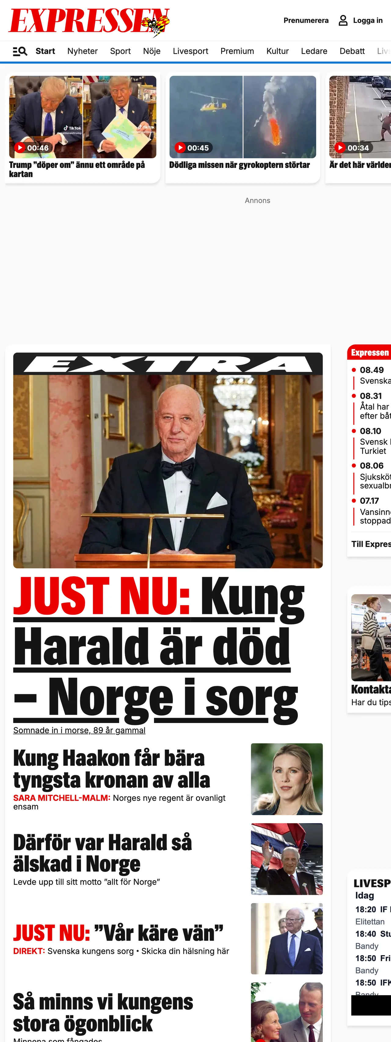 Screenshot of the Expressen front page