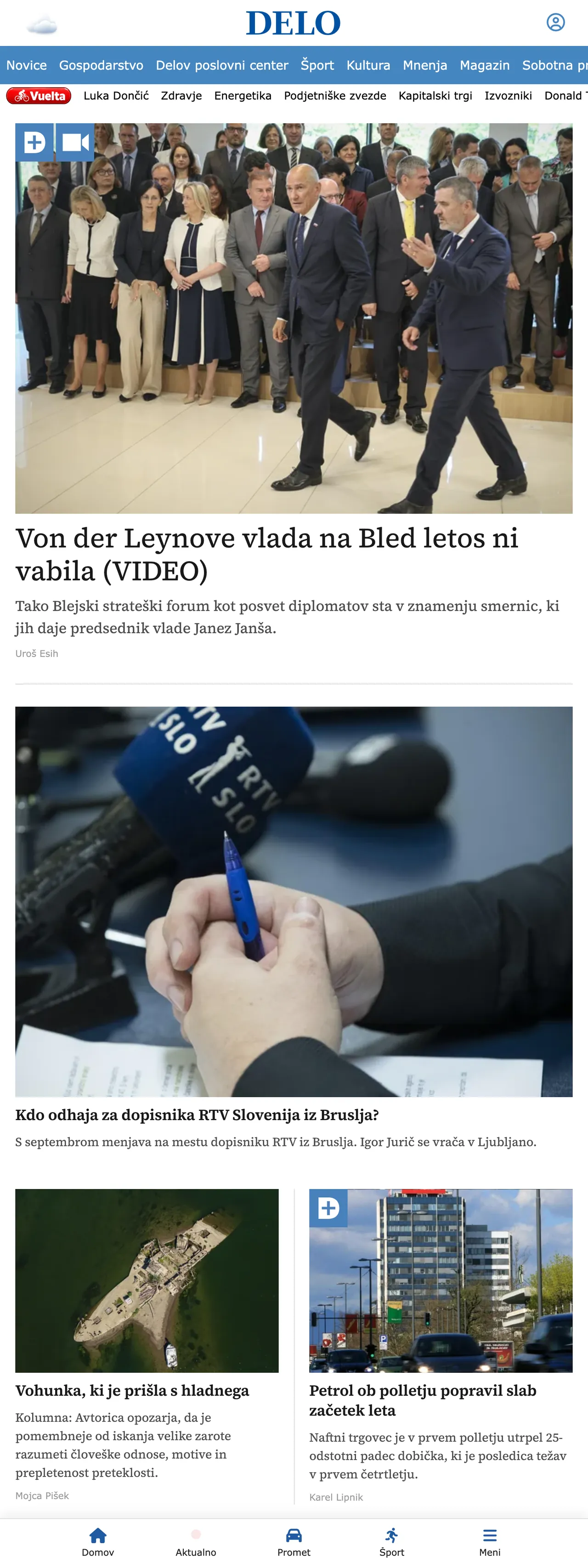Screenshot of the Delo front page