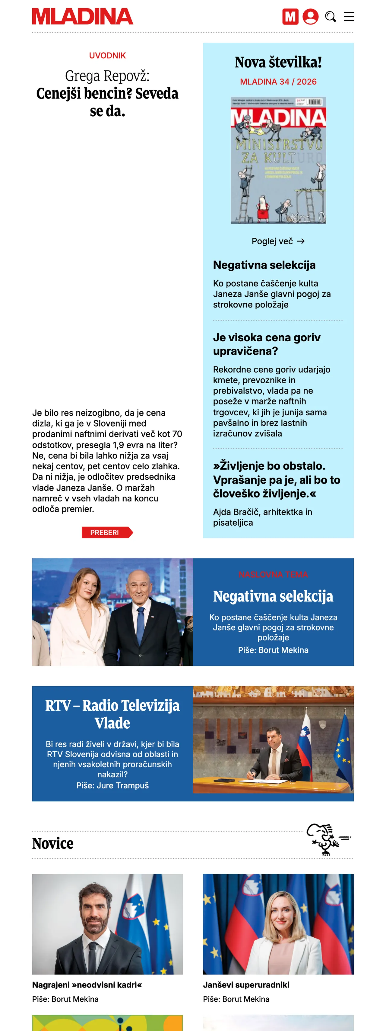 Screenshot of the Mladina front page