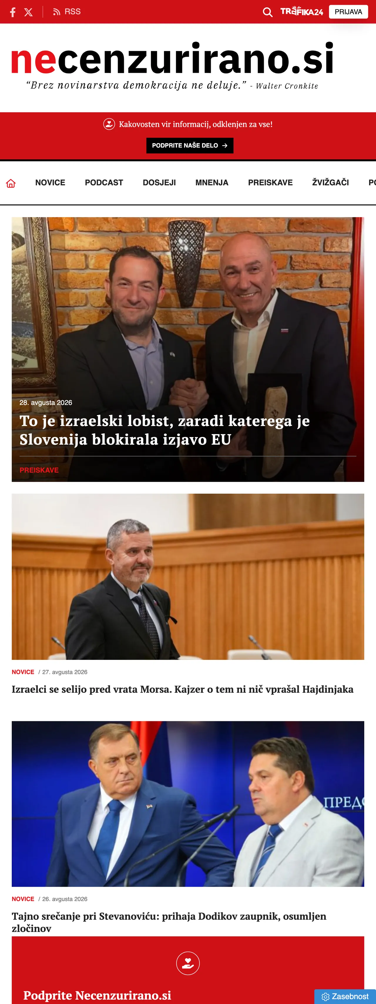Screenshot of the Necenzurirano front page