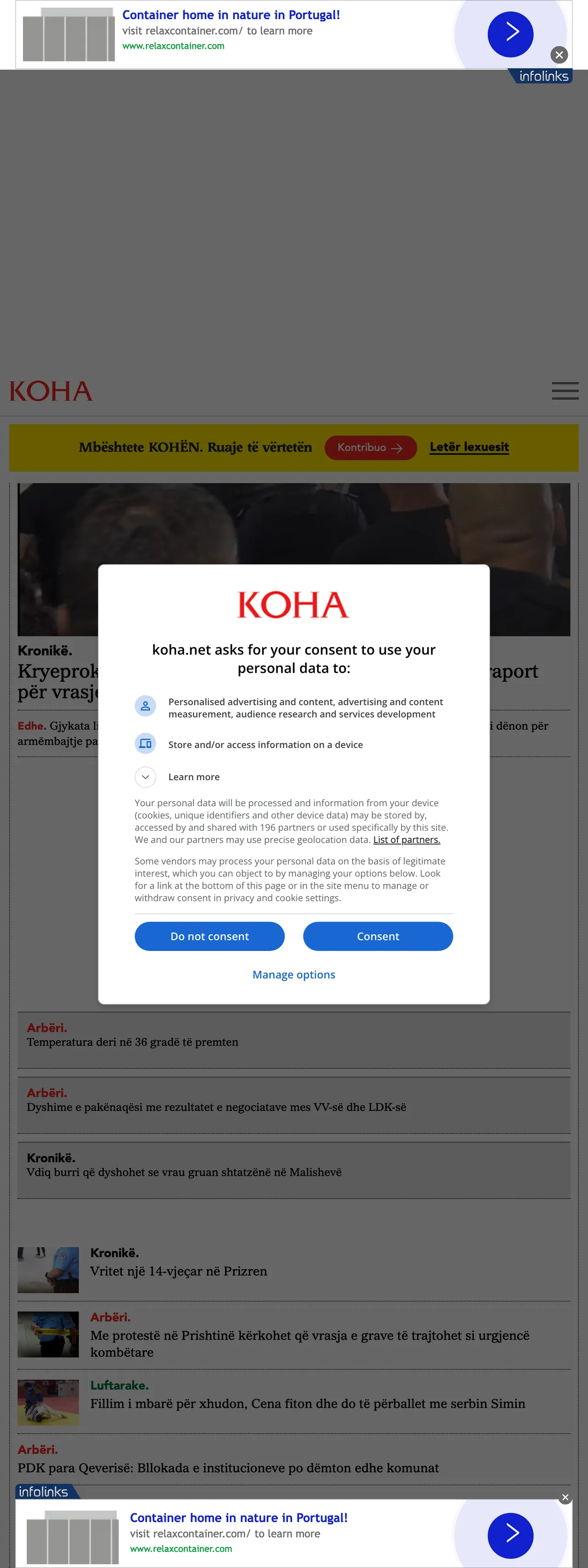 Screenshot of the Koha Ditore front page