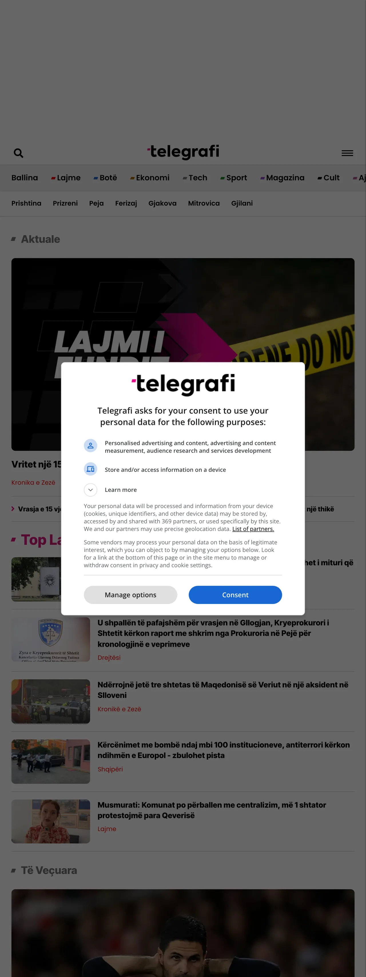 Screenshot of the Telegrafi front page