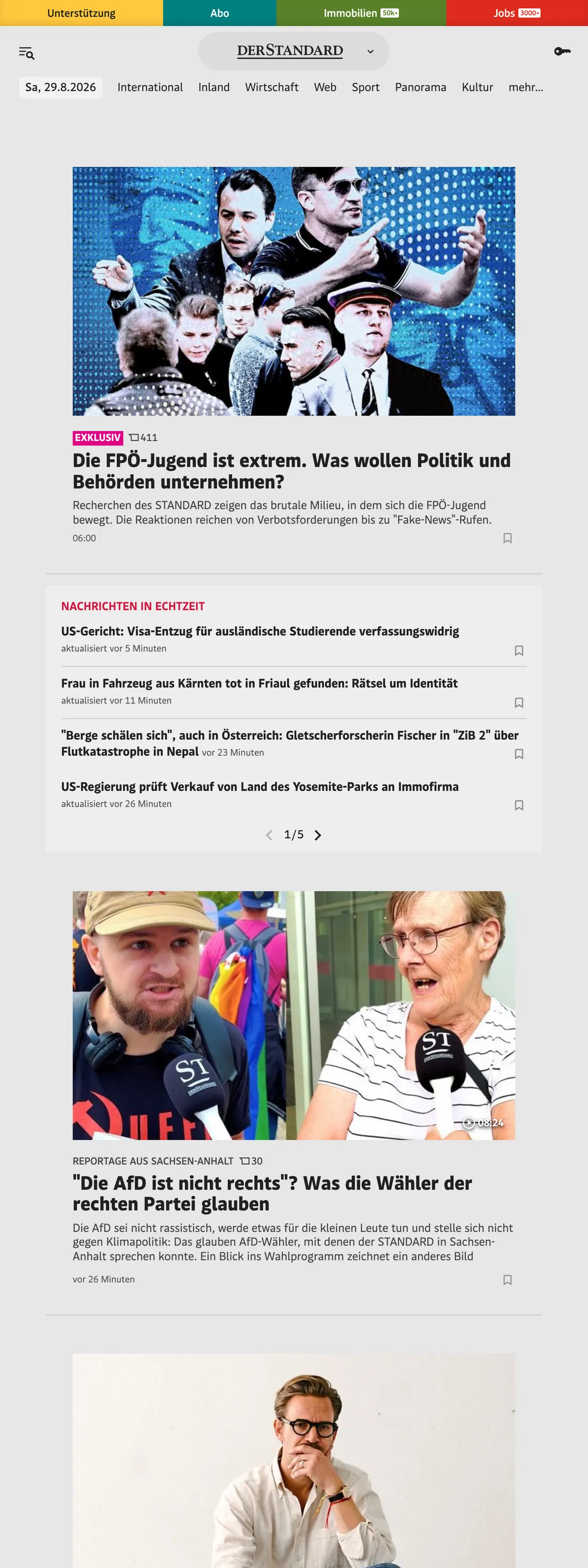 Screenshot of the DER STANDARD front page
