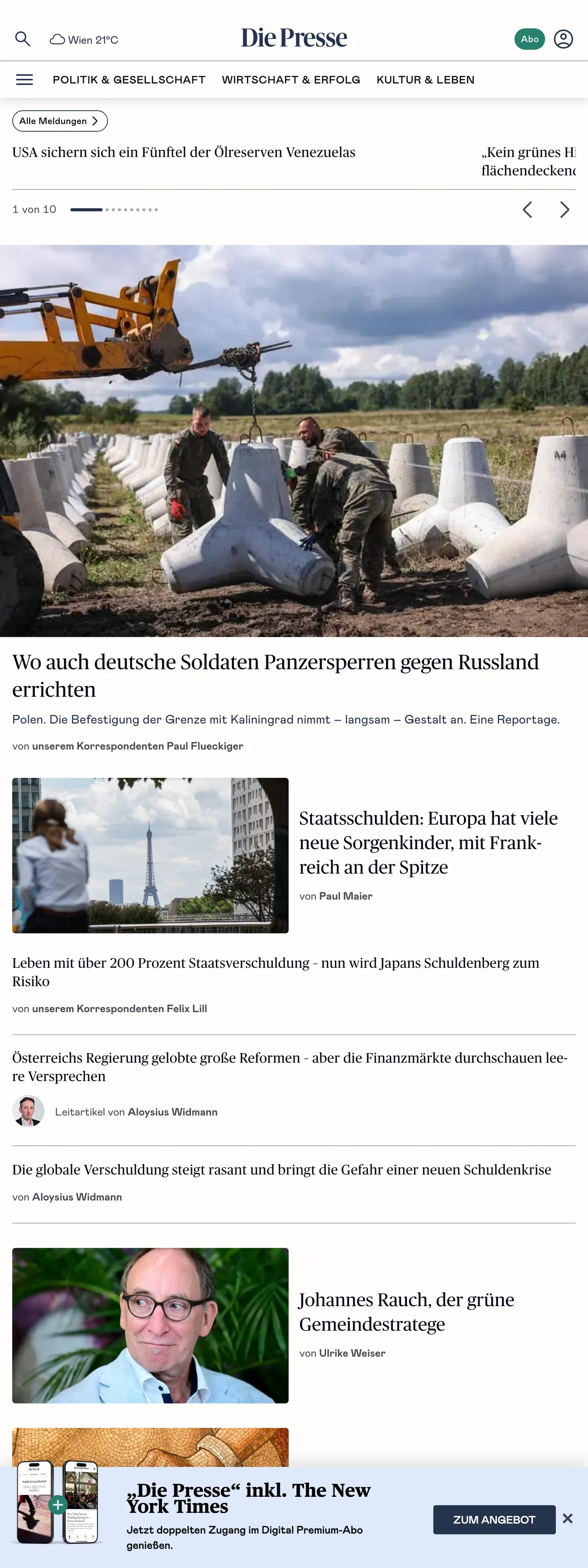 Screenshot of the Die Presse front page