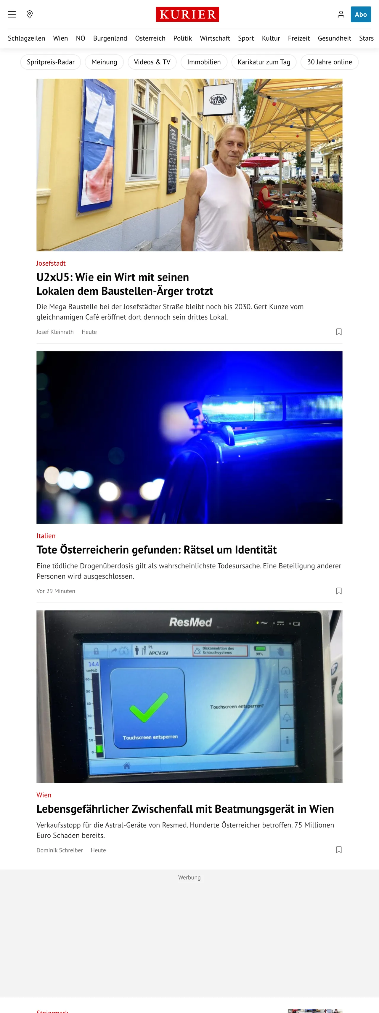 Screenshot of the Kurier front page