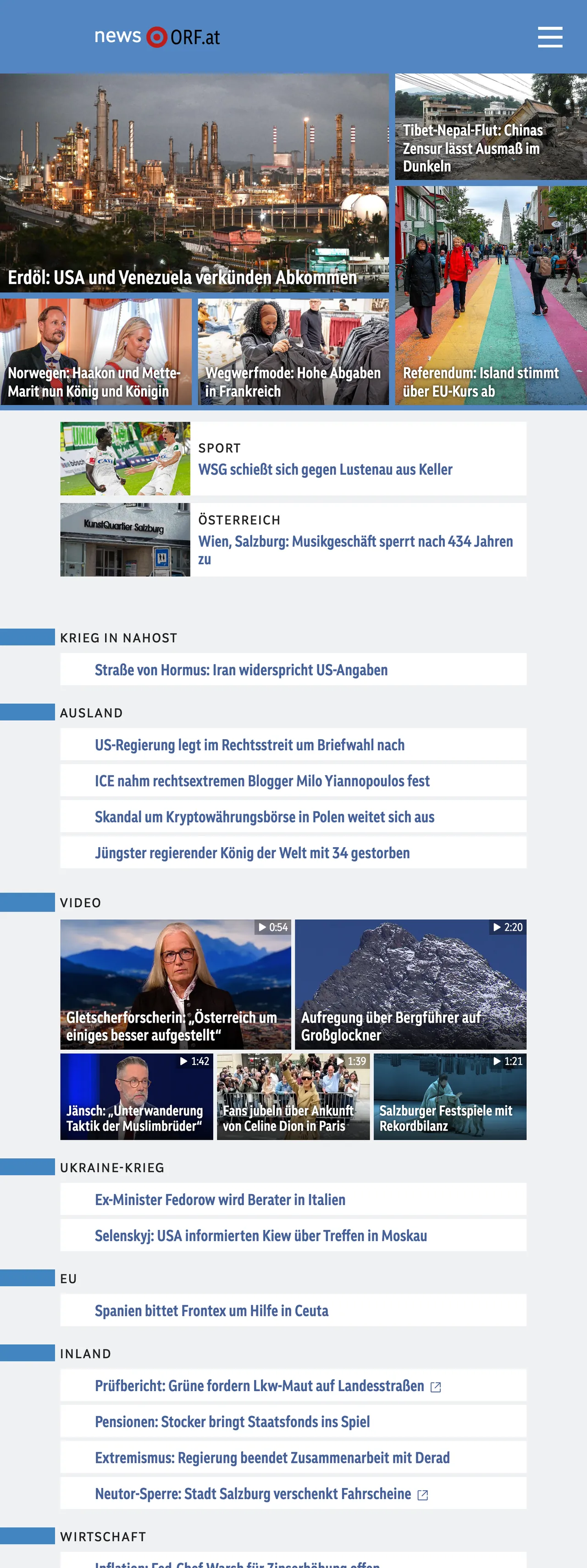 Screenshot of the ORF front page