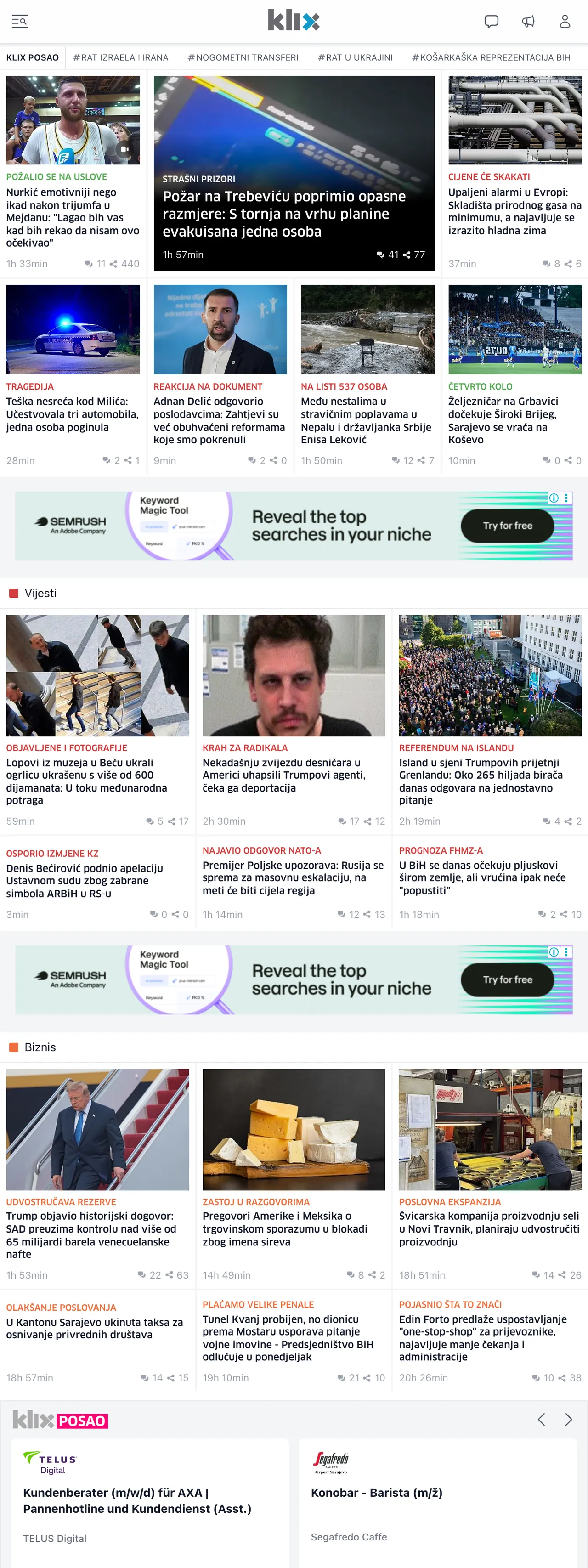 Screenshot of the Klix.ba front page