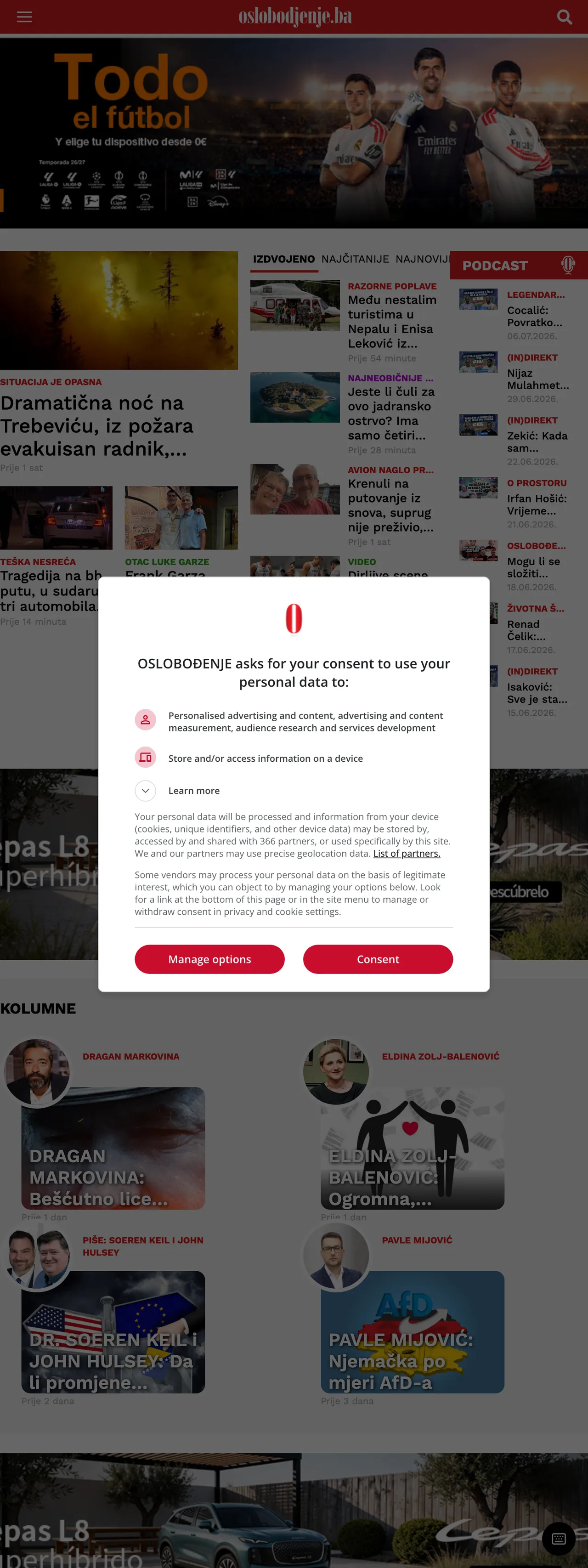 Screenshot of the Oslobođenje front page