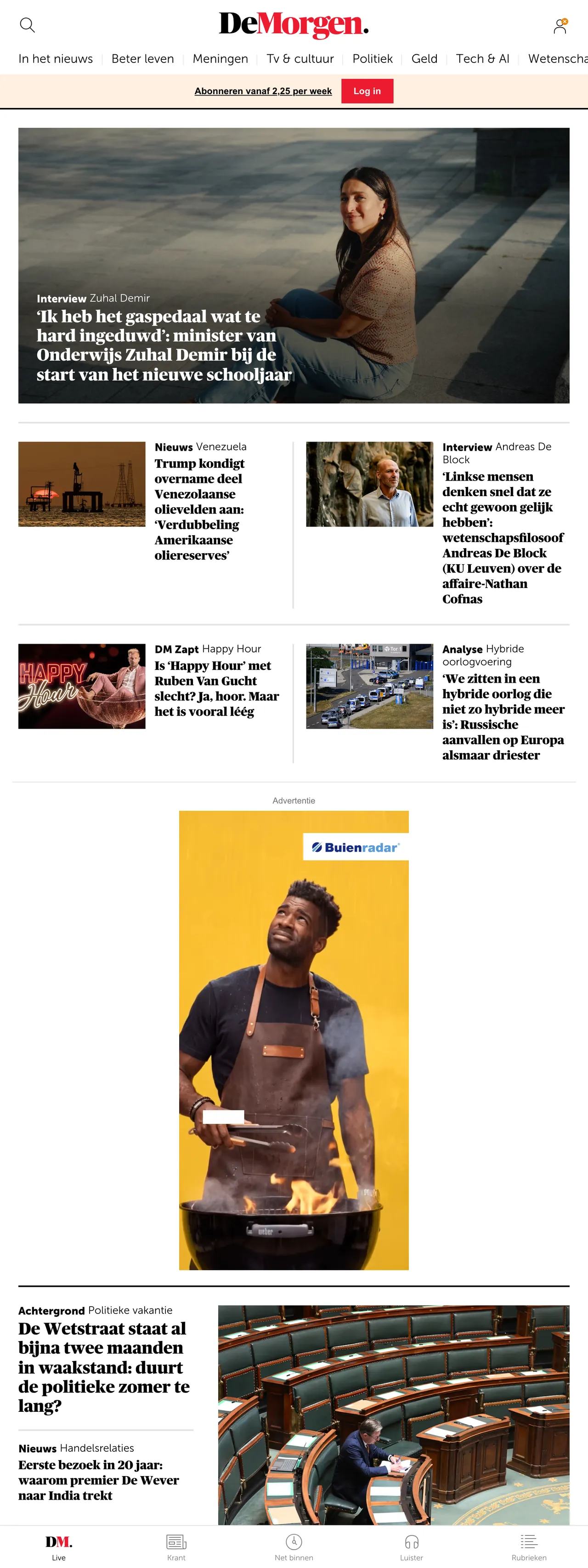 Screenshot of the De Morgen front page