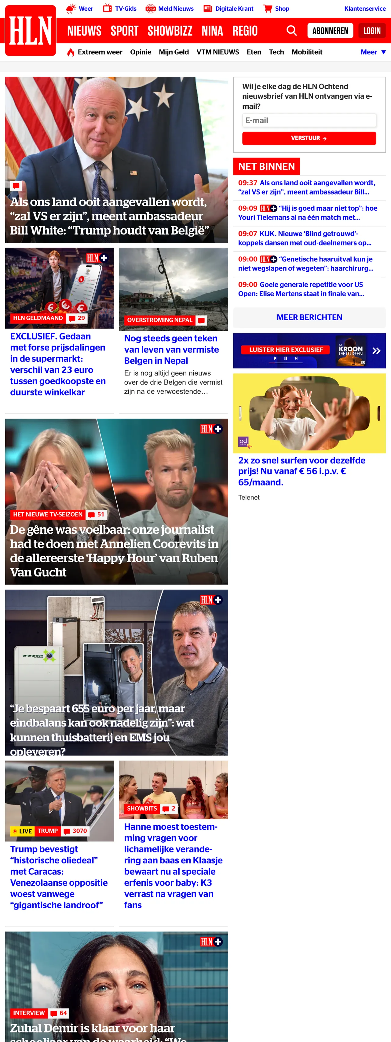 Screenshot of the HLN front page
