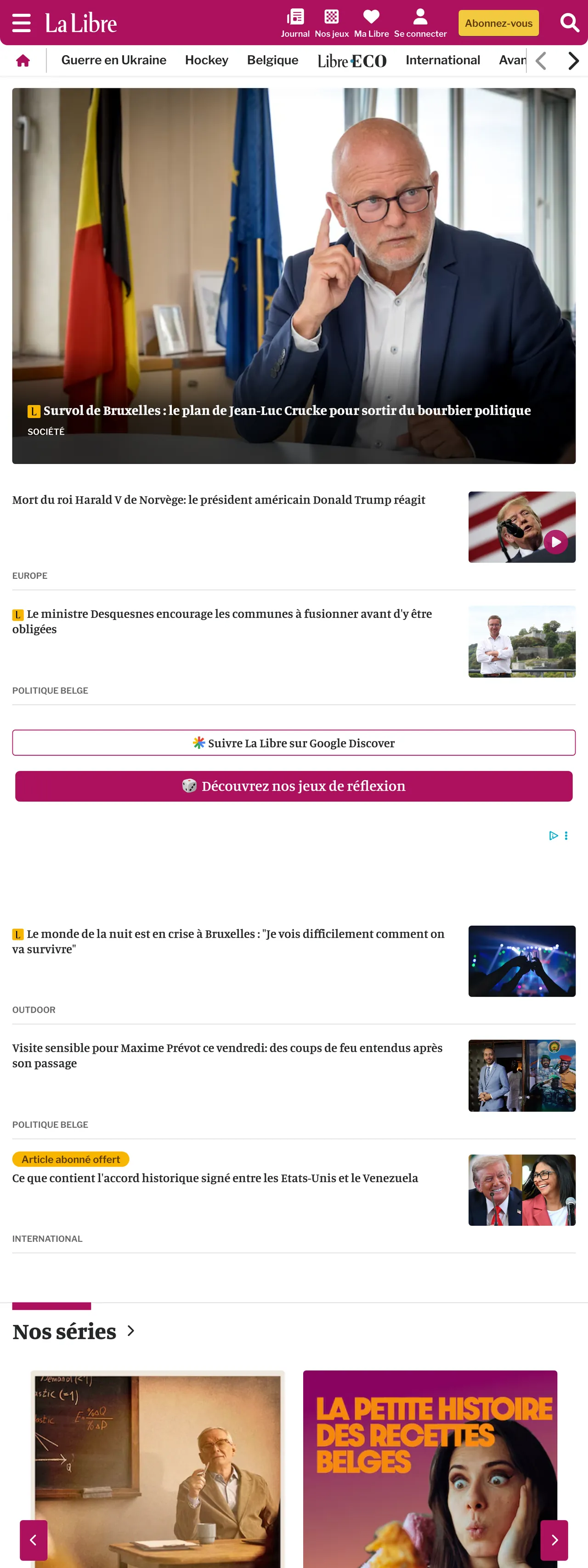 Screenshot of the La Libre front page