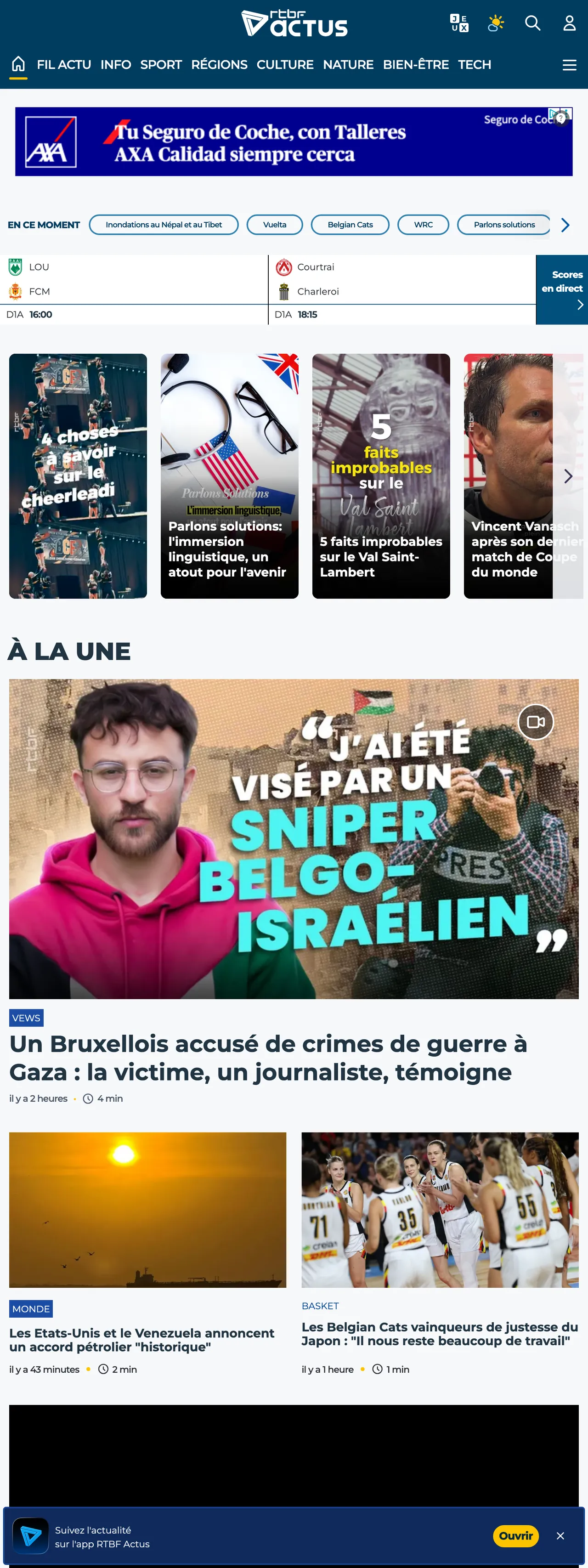 Screenshot of the RTBF front page